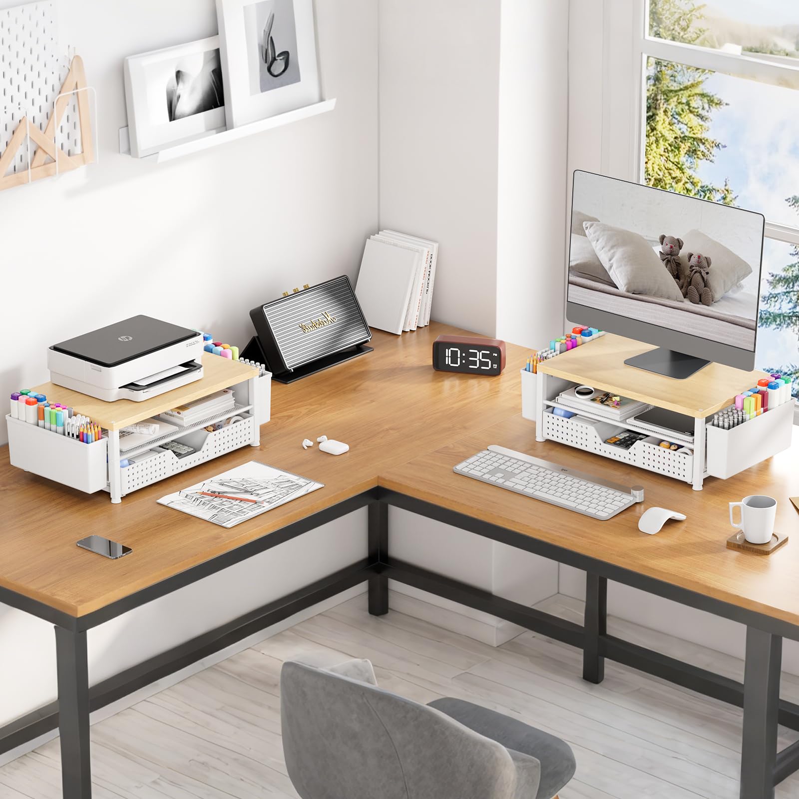 Gugsey Wood Metal Monitor Stand Riser, Laptop Stand for Desk, Office Desk Organizer and