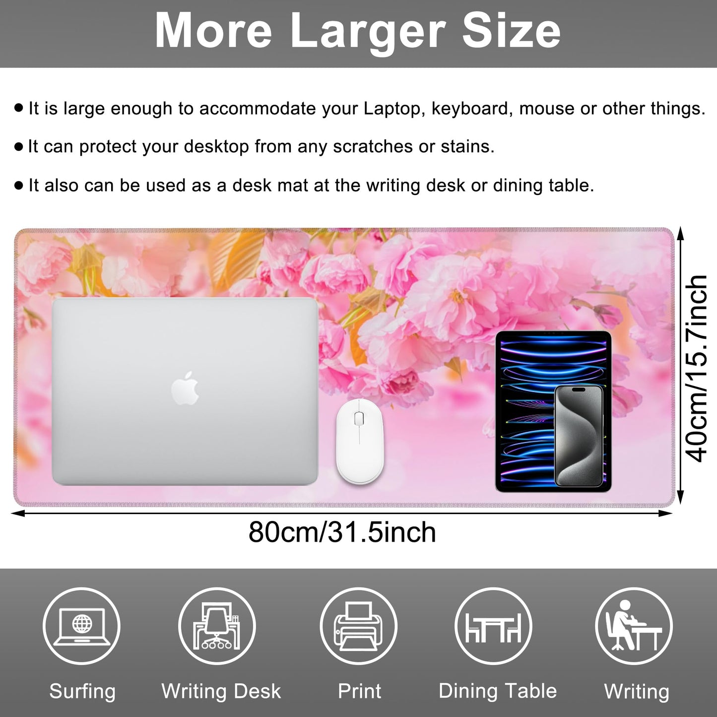 Mouse Pad, Large Pink Sakura and Butterfly Desk Mat, Extended Non-Slip Gaming Keyboard Mousepad