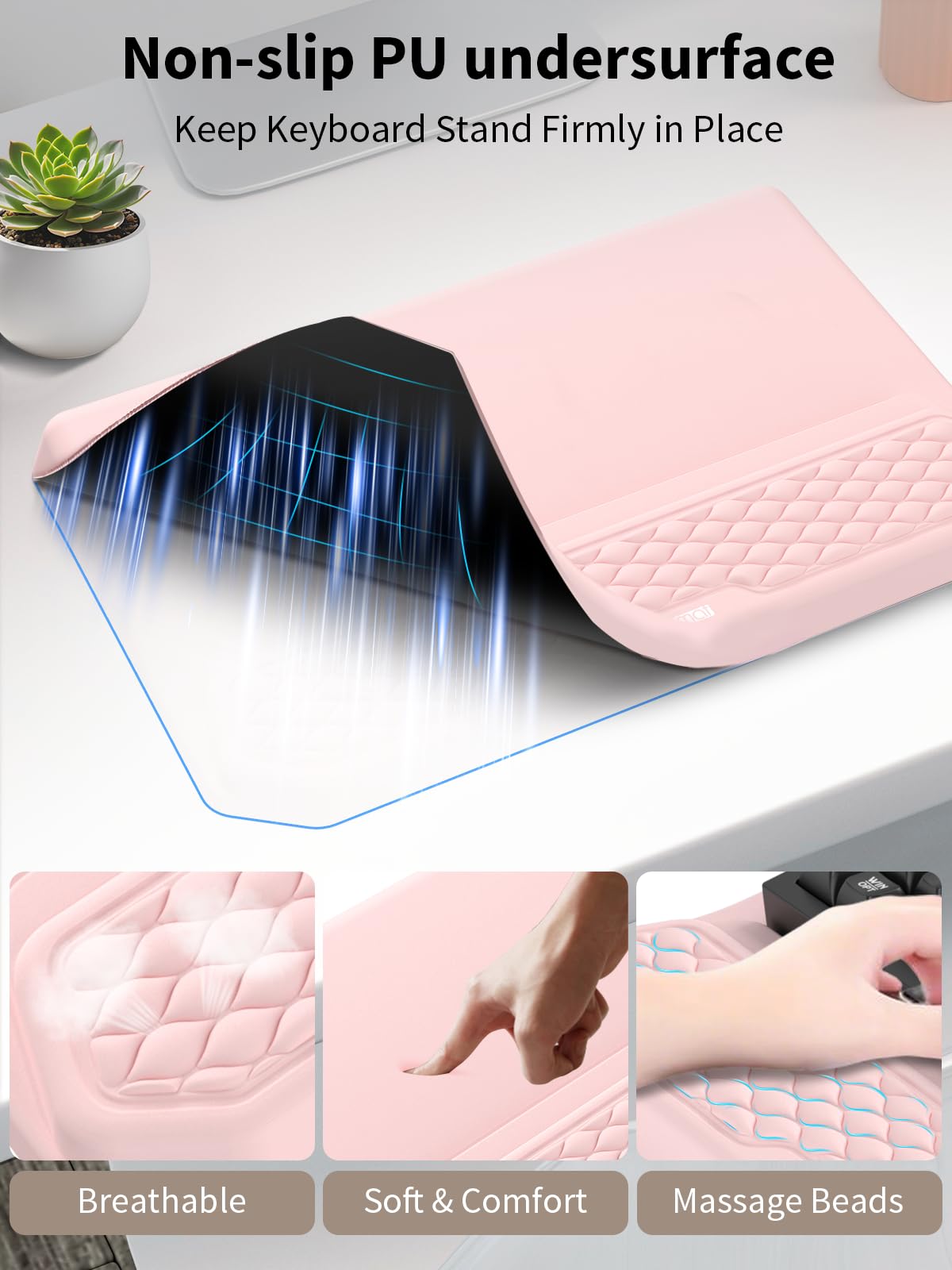 3-in-1 Ergonomic Keyboard Stand with Wrist Rest & Mouse Pad Set, Pink