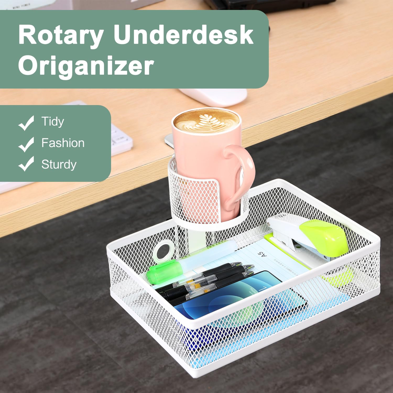 ROSYLINE Rotary Under Desk Storage Organizer with Cup Holder & Drawer Tray