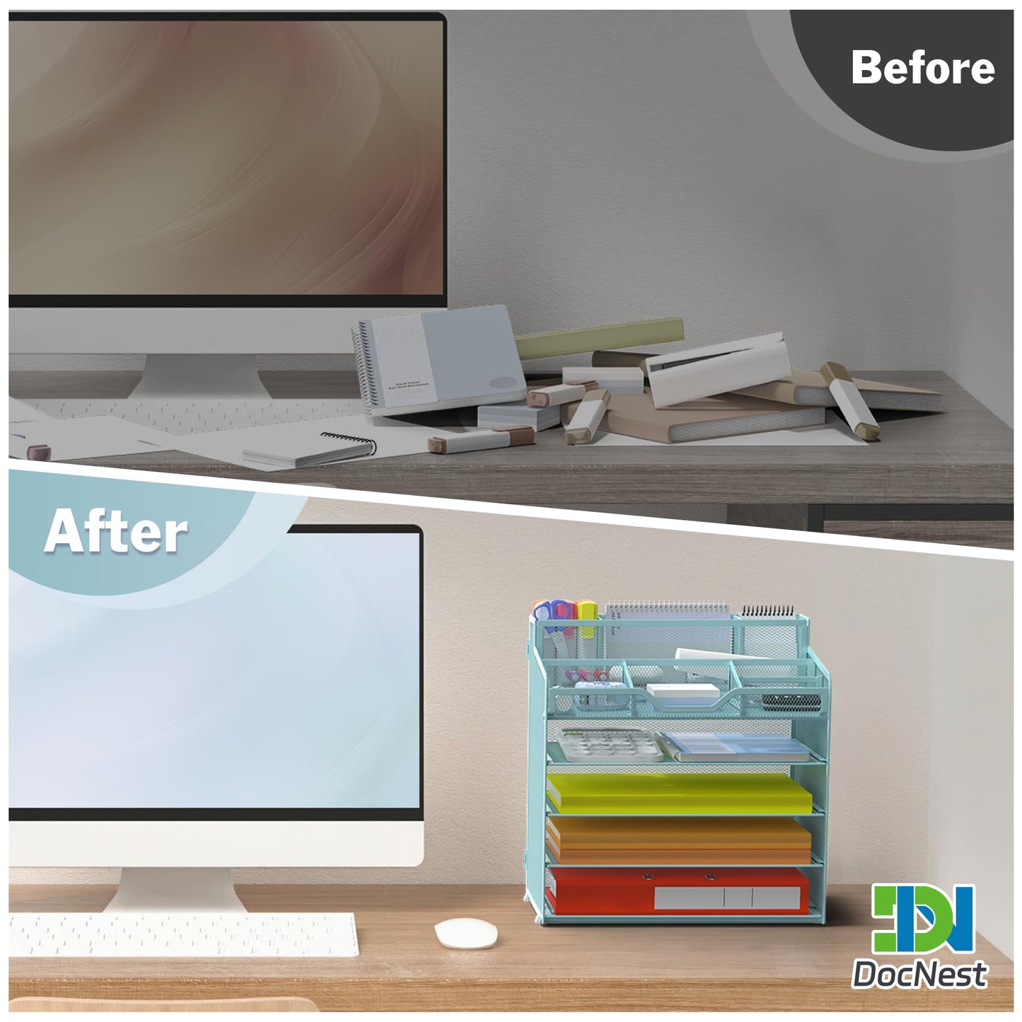 Docnest 5 Tier Mesh Desk Organizer with Letter Tray & Paper Sorter, Blue