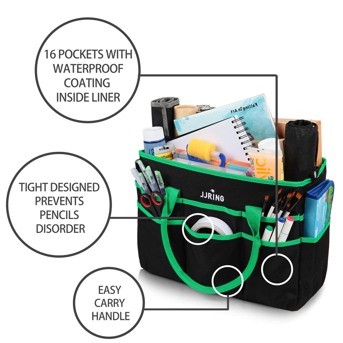 JJRING Large 600D Nylon Artist Organizer Tote Bag With 16 Pockets, Green