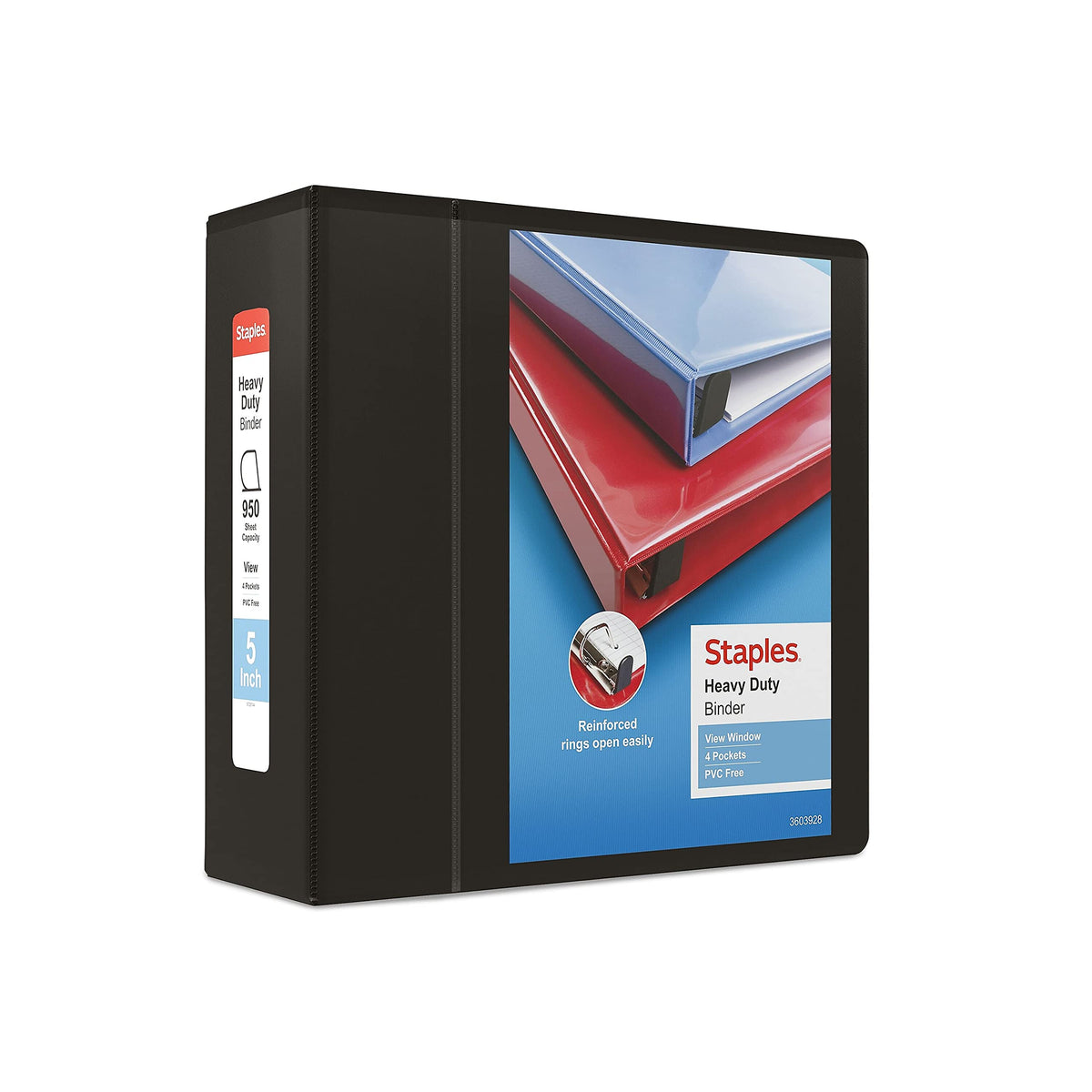 Staples Heavy-Duty 5-Inch 3-Ring View Binder with D-Rings, 4 Interior Pockets for High-Capacity