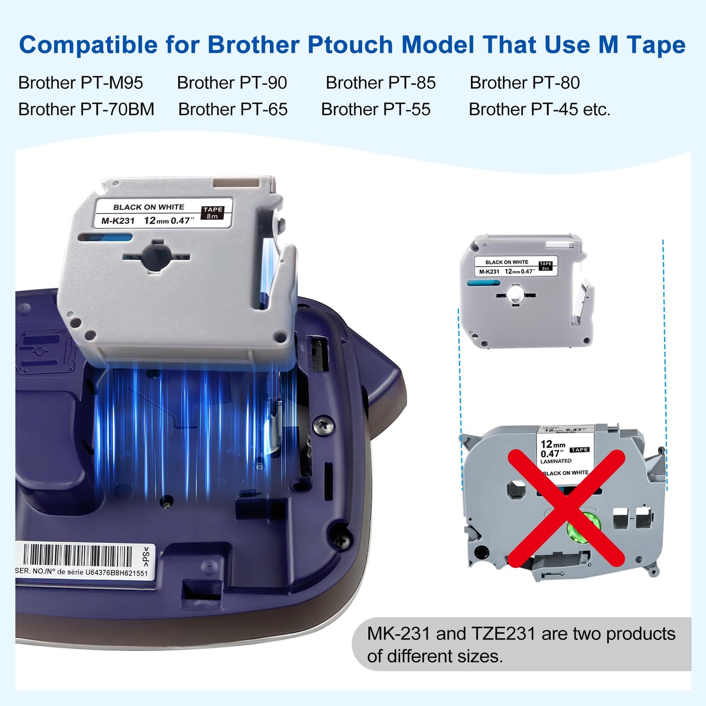Womiten PT-M95 Label Maker Tape Compatible for Brother M Tape M-K231s Color