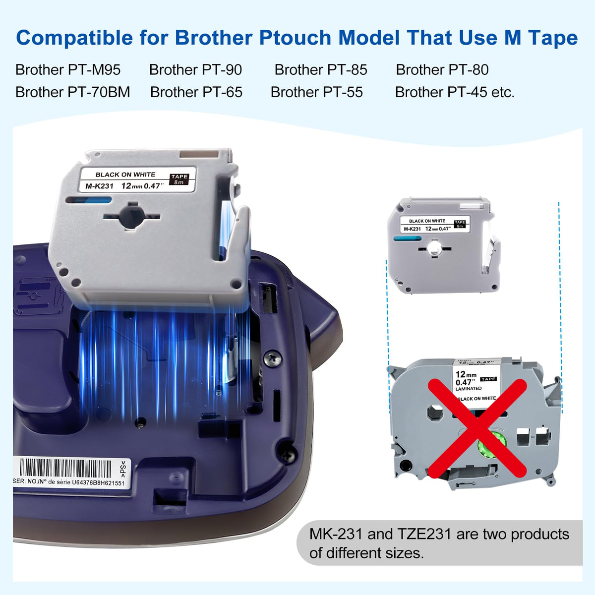 Womiten PT-M95 Label Maker Tape Compatible for Brother M Tape M-K231s Color