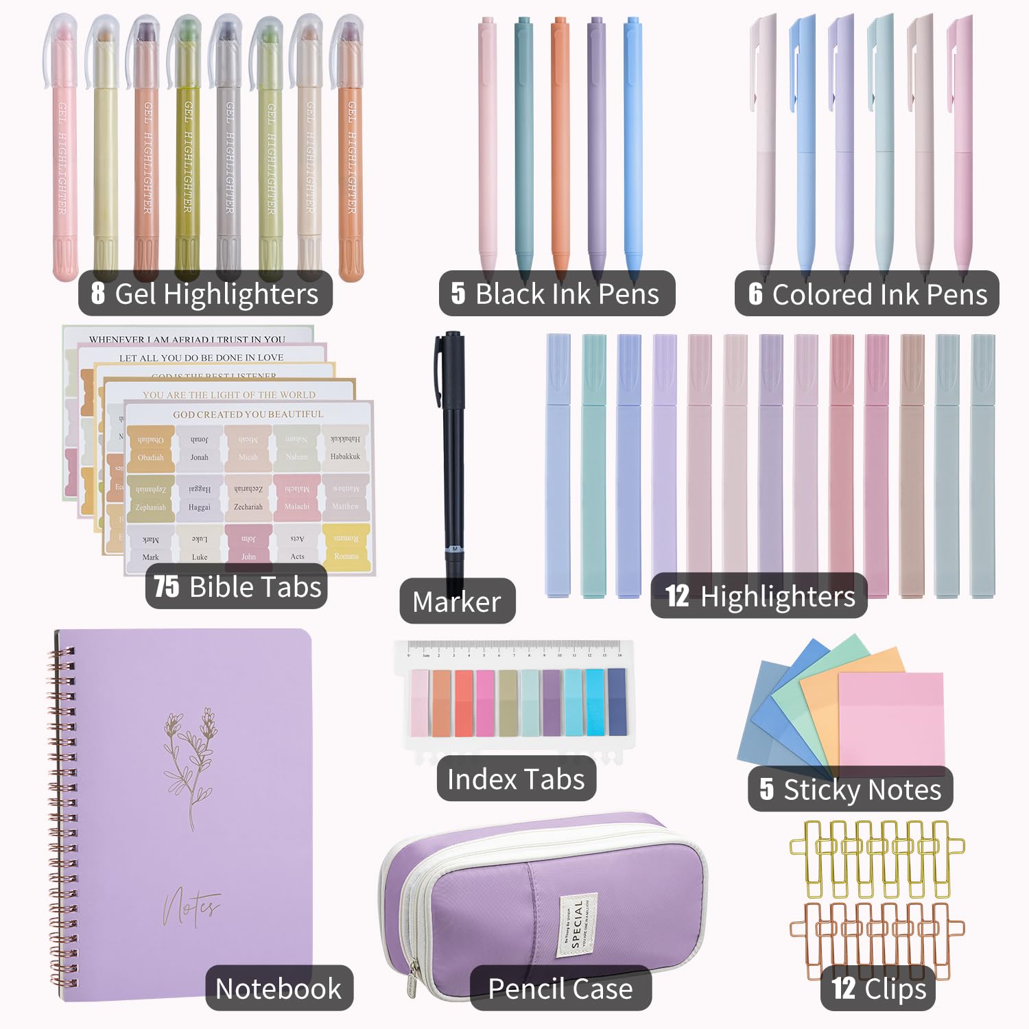 KOPKOFT Bible Study Supplies, Bible Journaling Kit for Women with Journal, Pen Case, Tabs