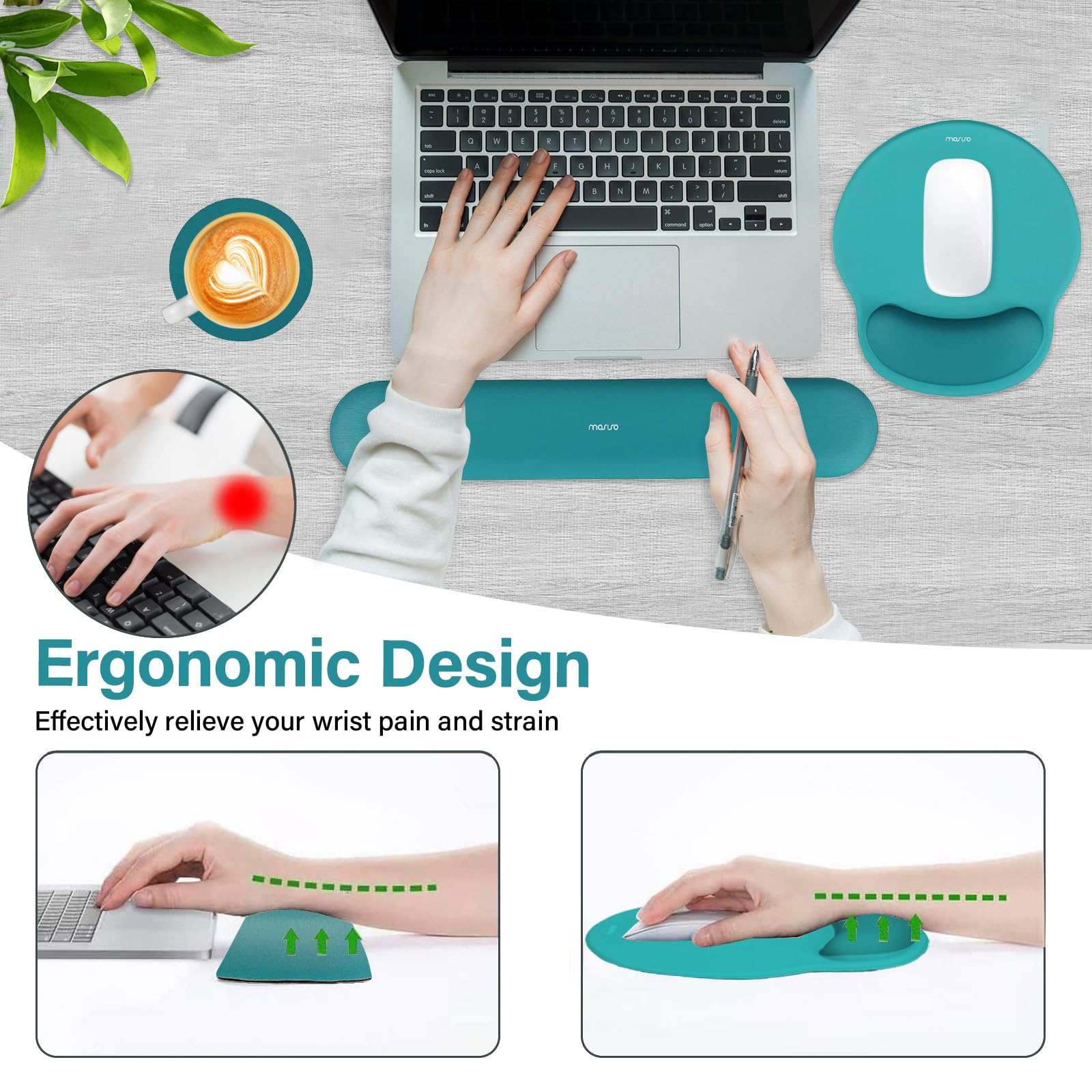 MOSISO Wrist Rest Support for Mouse Pad&Keyboard Set, Teal Green