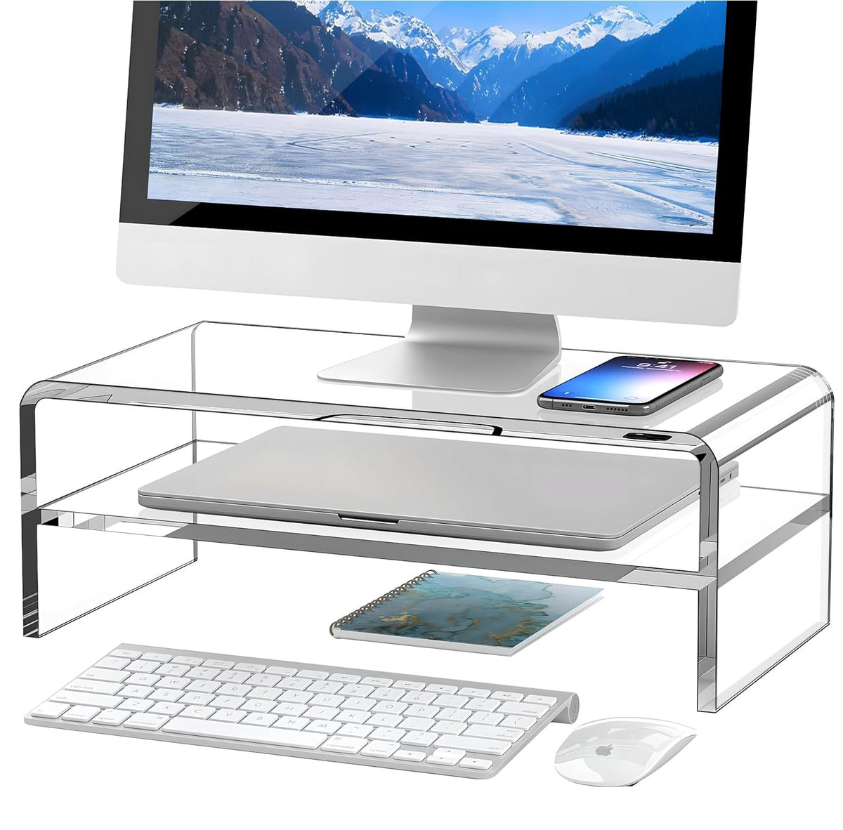 Egchi Clear Acrylic Monitor Stand Riser 2 Tier, 5.12 Inches High Clear Computer Desk Organizer