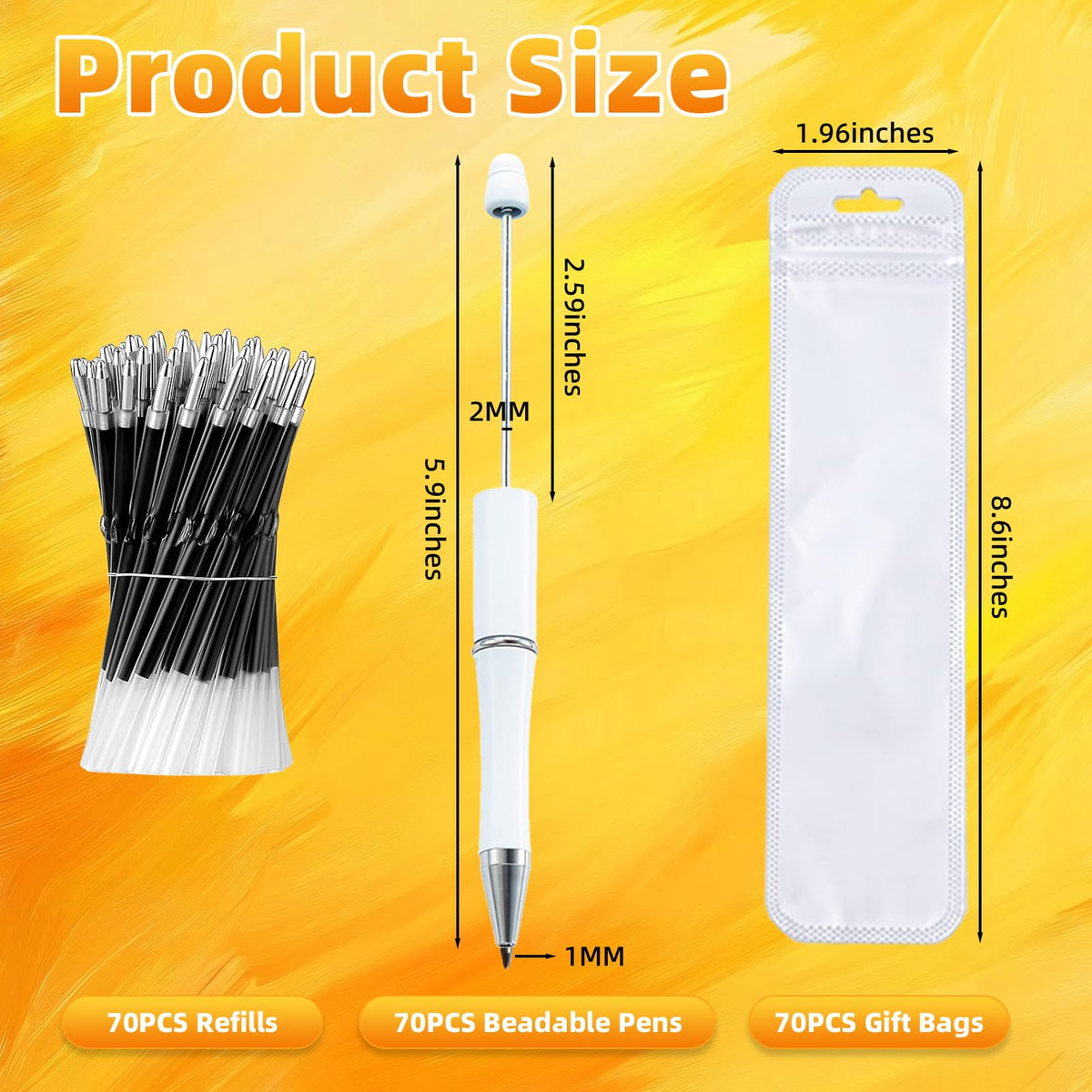 210 Pieces DIY Beadable Pen Bulk Kit – 70PCS Ballpoint Pen with Refills & Bags – Perfect for Beads