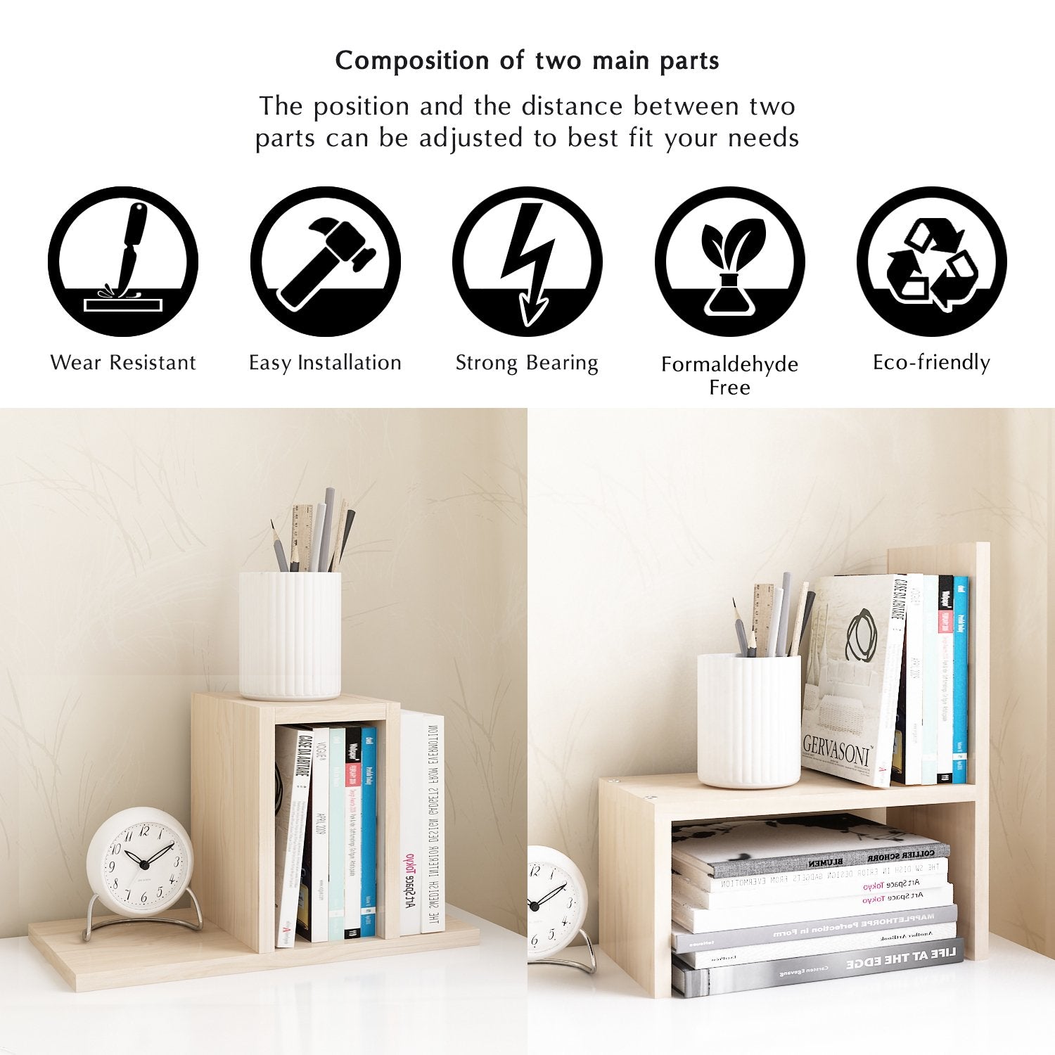Jerry & Maggie Desktop Organizer Office Storage Rack Adjustable Wood Display Shelf, White, 5 Units