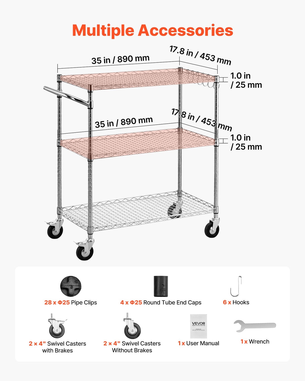 VEVOR 3 Tier Rolling Utility Cart, 661 lbs Static Capacity, Heavy Duty Adjustable Wire Storage Cart