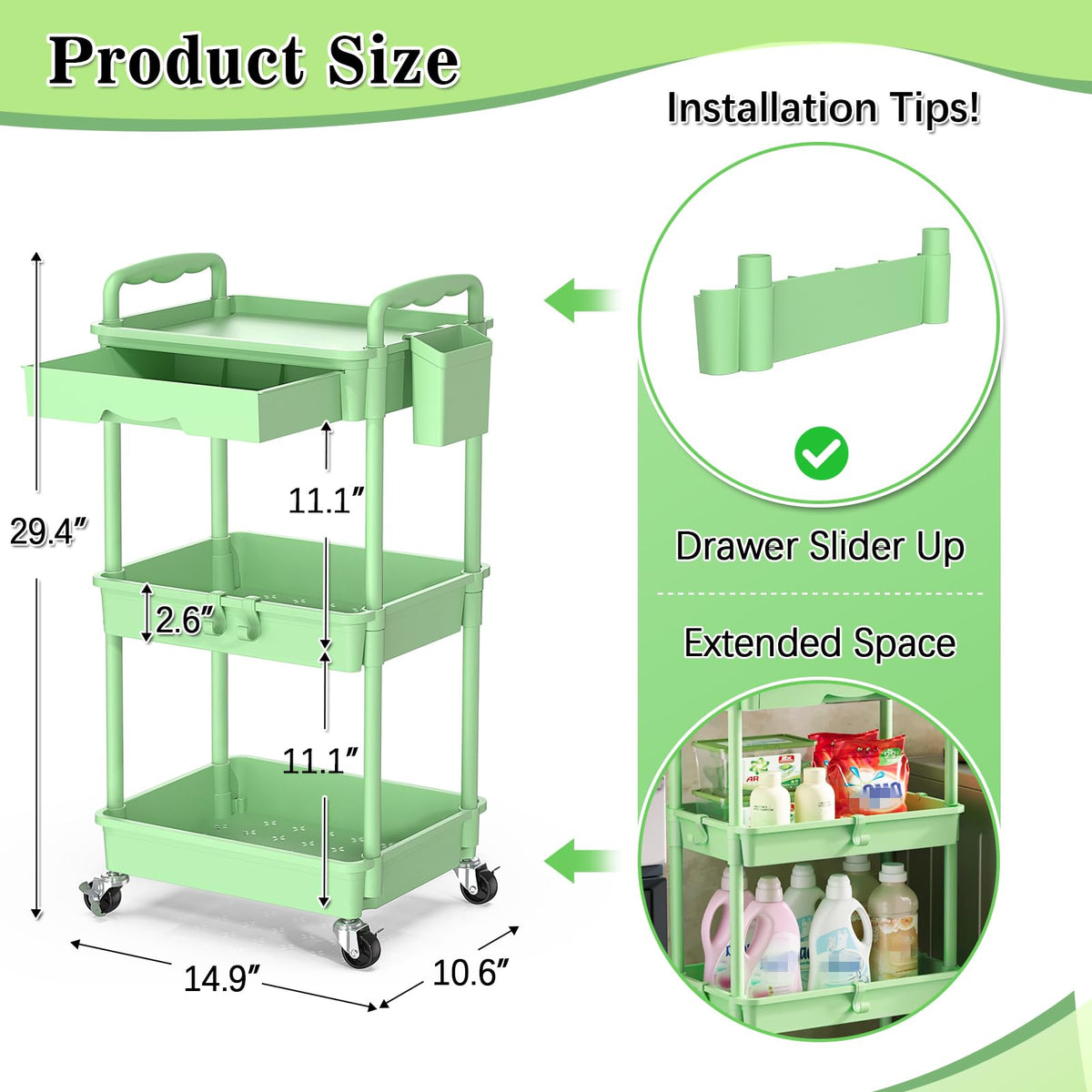 SUNALLY 3 Tier Rolling Cart with Drawer, Craft Storage Cart Organizer,Green