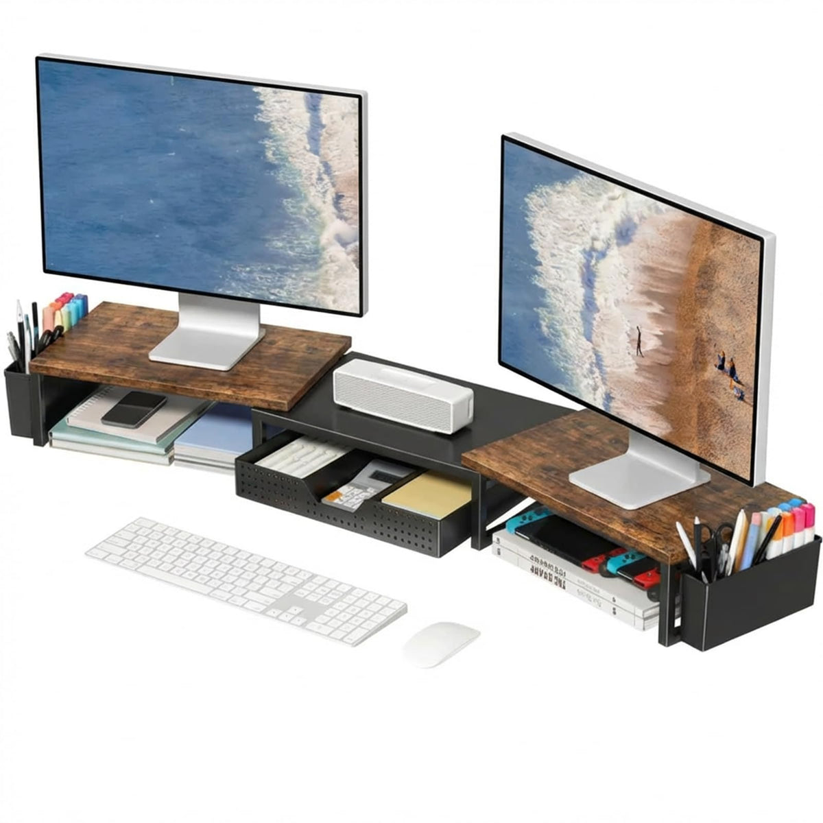 OPNICE Desk Organizers and Accessories, Dual Monitor Stand Riser with Drawer and 2 Pen Holders