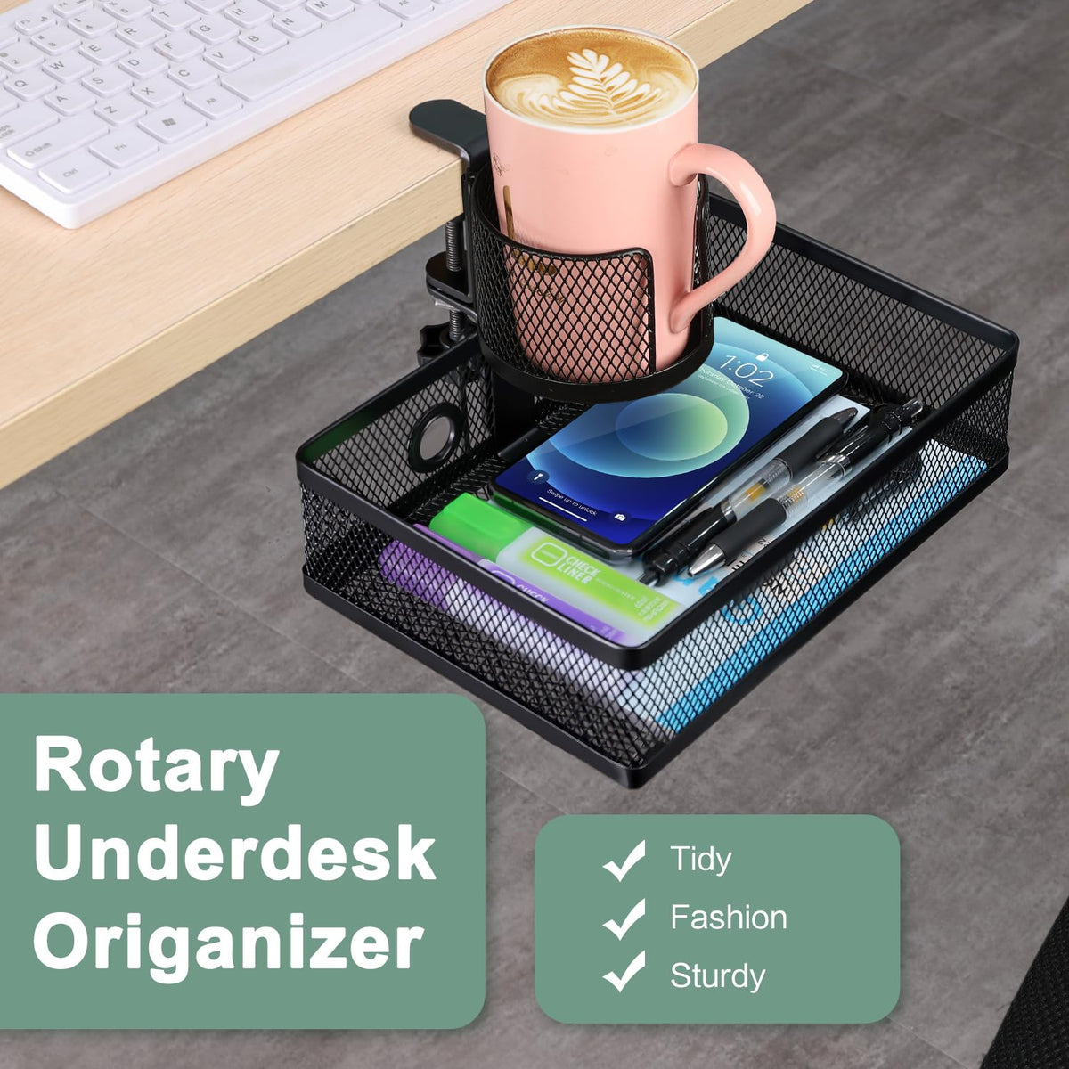 ROSYLINE Rotary Under Desk Storage Organizer with Cup Holder & Drawer Tray