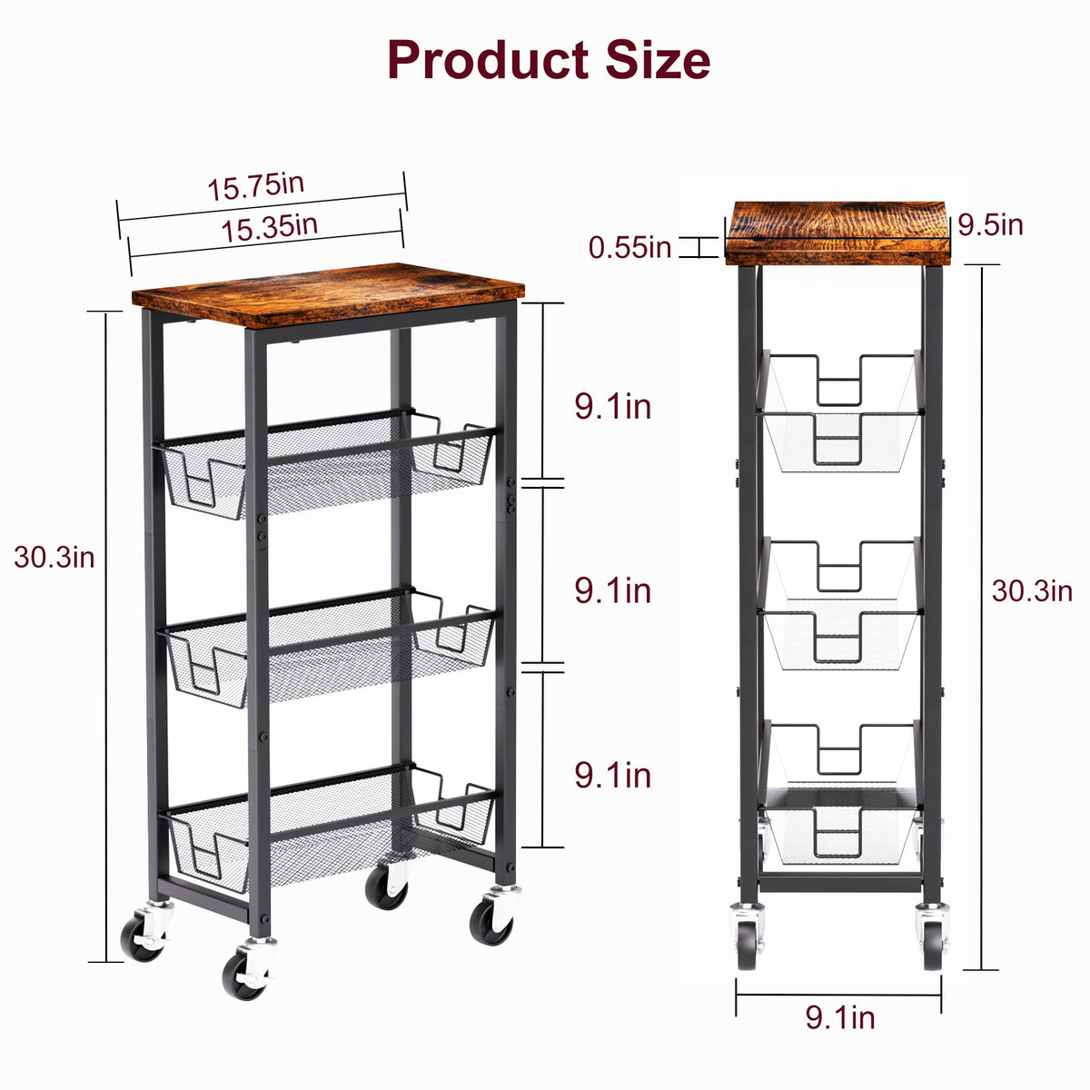 Slim Rolling Cart, 4-Tier Storage Cart, 9.1inch Narrow Kitchen Rolling Cart on Wheels for Small