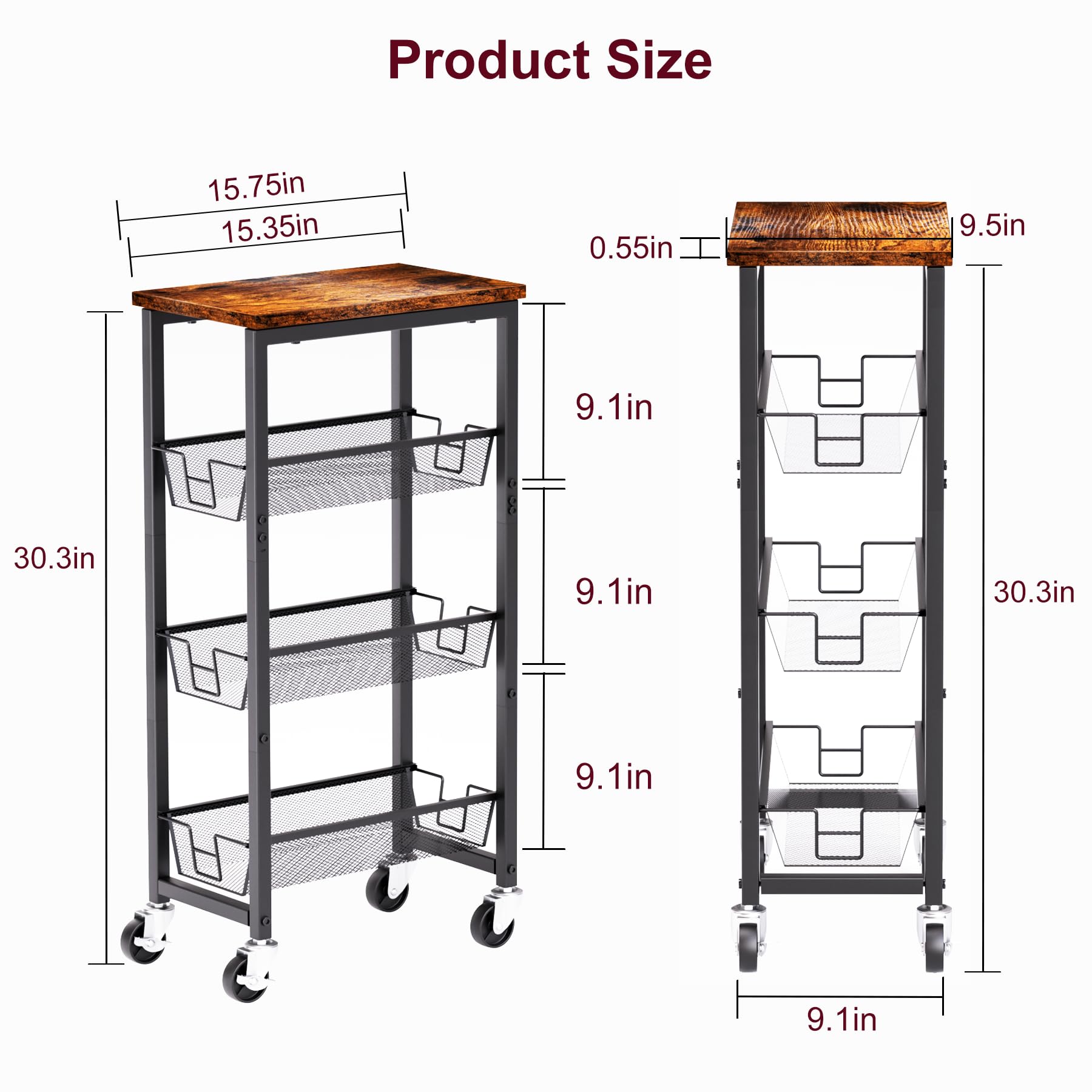 Slim Rolling Cart, 4-Tier Storage Cart, 9.1inch Narrow Kitchen Rolling Cart on Wheels for Small