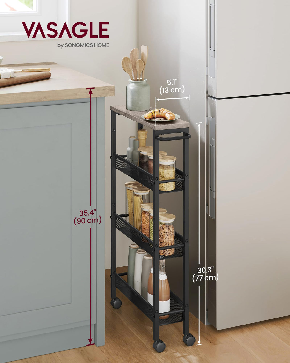 VASAGLE 4-Tier Slim Rolling Storage cart with Wheels, 5.1 Inches, Metal