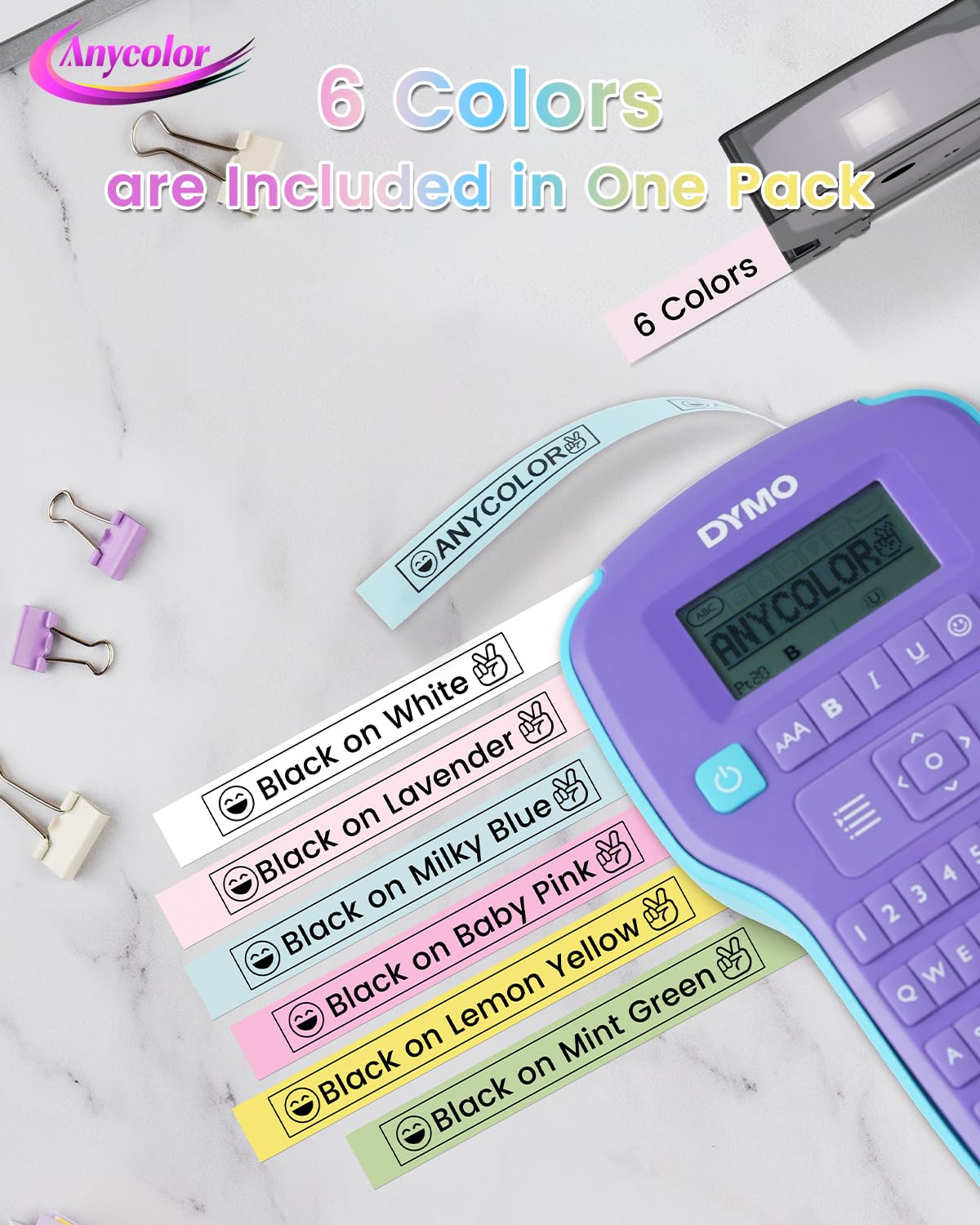 Anycolor 6-Pack Compatible with Dymo D1 Label Tape 12mm Pastel Colored 1/2"