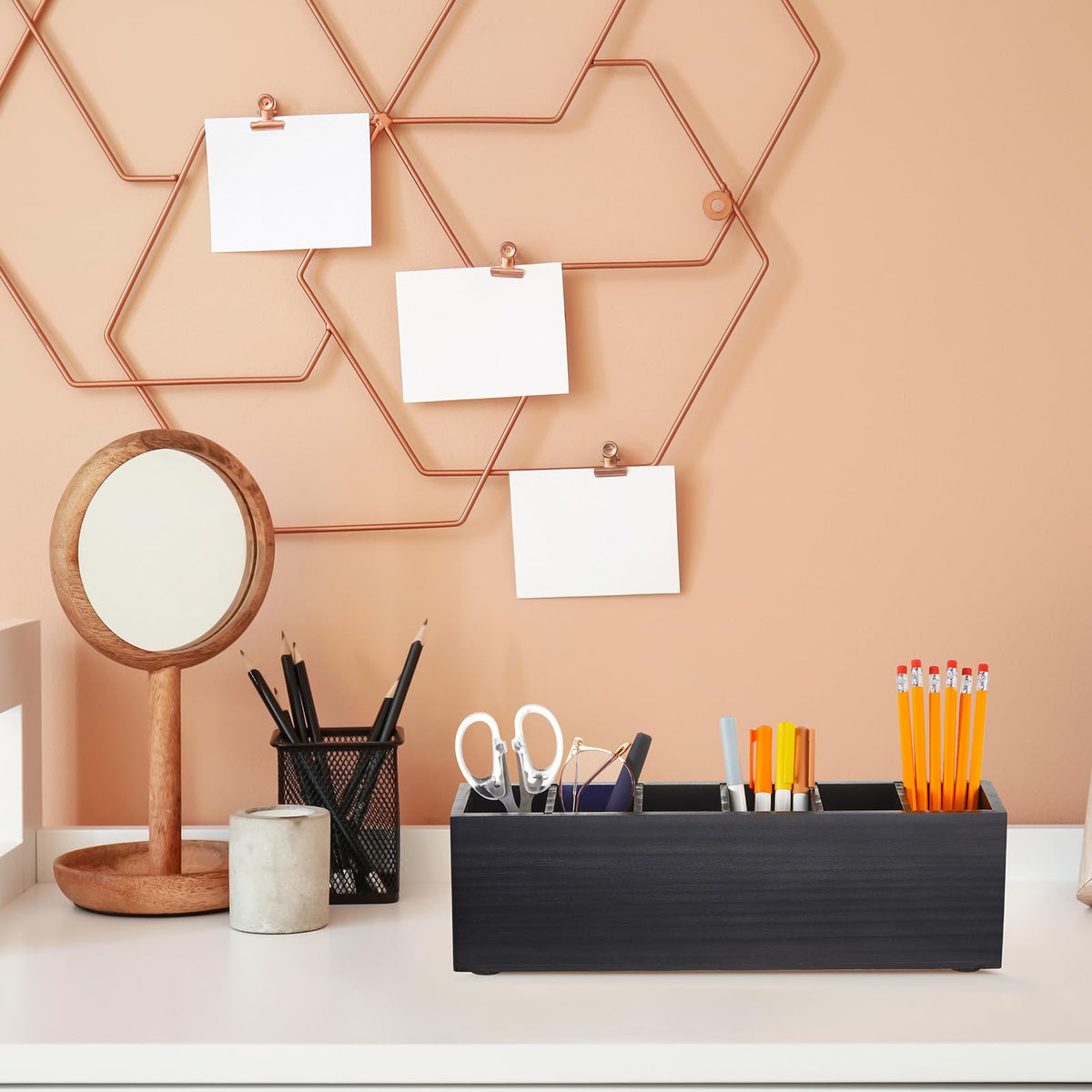 Jetec Wooden Pencil Pen Holder for Desk, Black, 6 Compartments