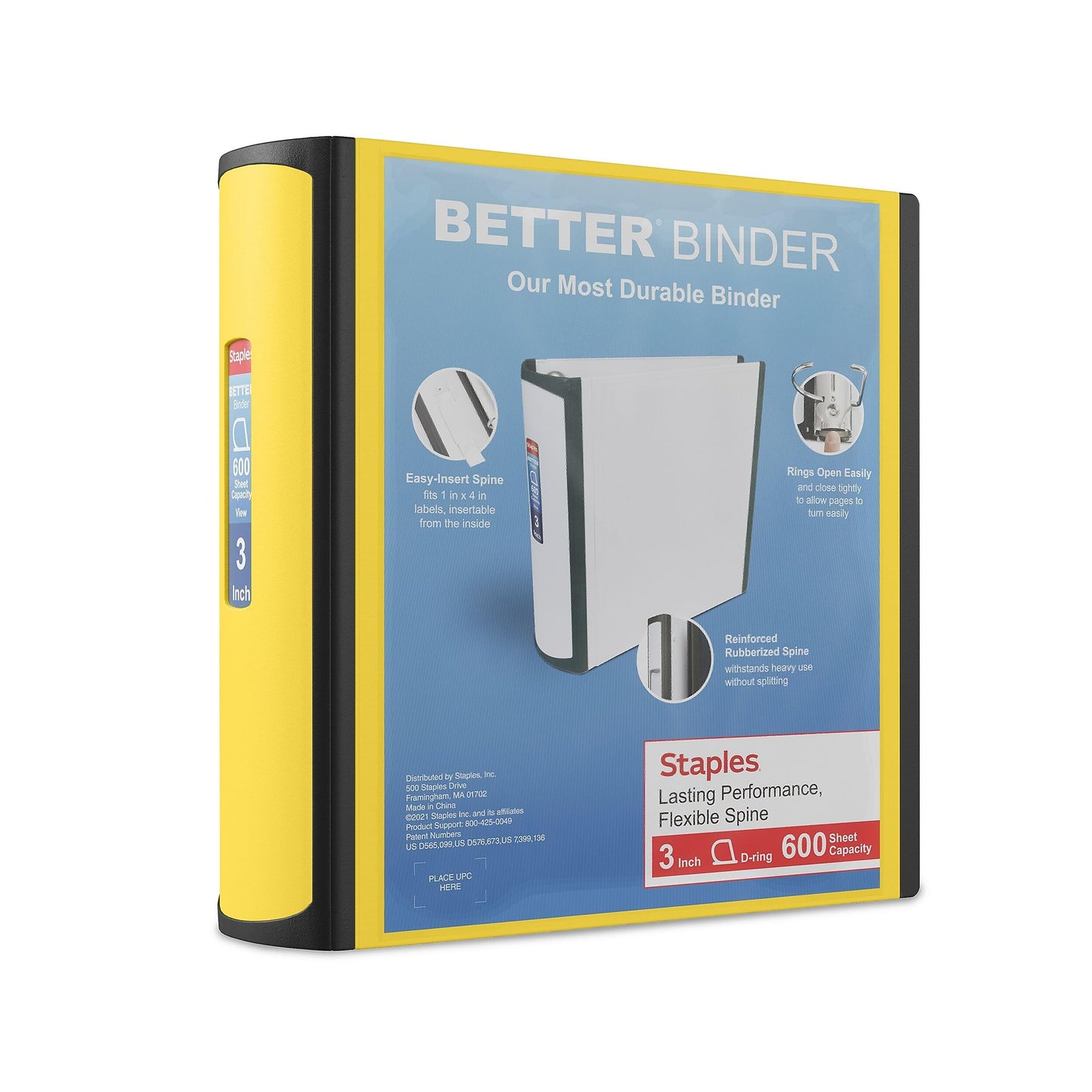 Staples Better 3-Inch D-Ring 3-Ring Binder, Yellow, 600 Sheets