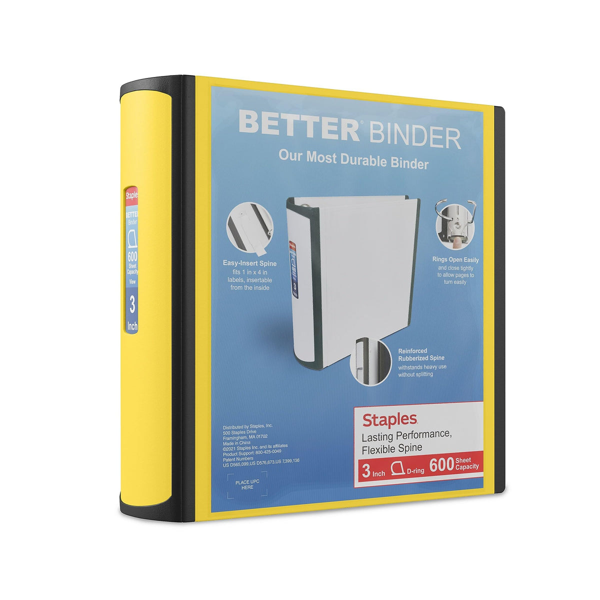 Staples Better 3-Inch D-Ring 3-Ring Binder, Yellow, 600 Sheets