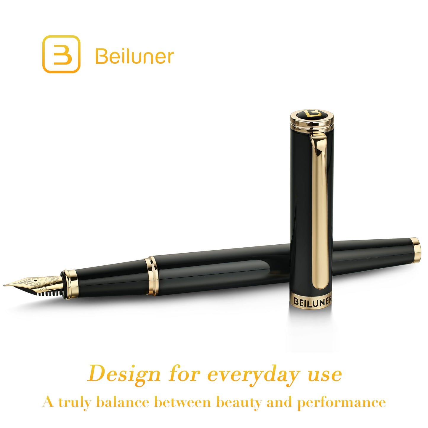 BEILUNER Black Fountain Pen,Stunning Luxury Pens with 24K Gold Accents, Gorgeous 24K Gilded