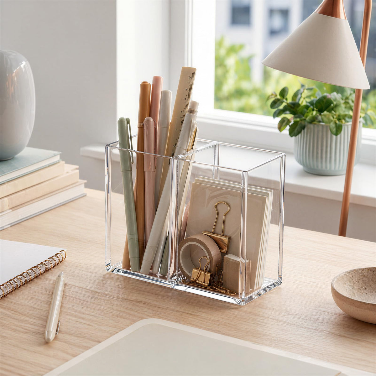 Gejoy 20 Pcs Acrylic Pencil Pen Holder for Desk, Clear 2 Compartment