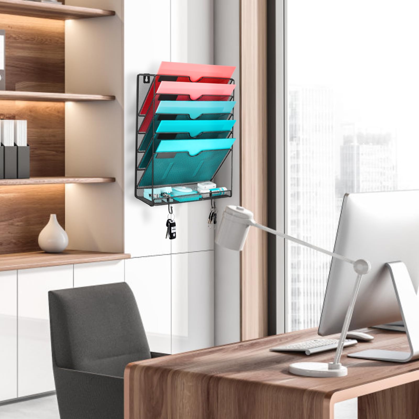 GALASALA Wall File Organizer, 6 Pockets Mesh Hanging File Organizer, Wall Mount File Holder With