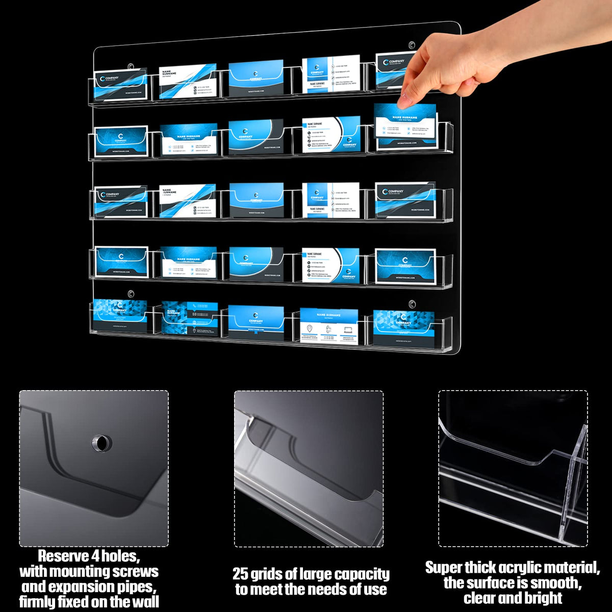 Acrylic Business Card Holder Wall Mount Clear, 25 Pocket, 19.49 x 14.76 In