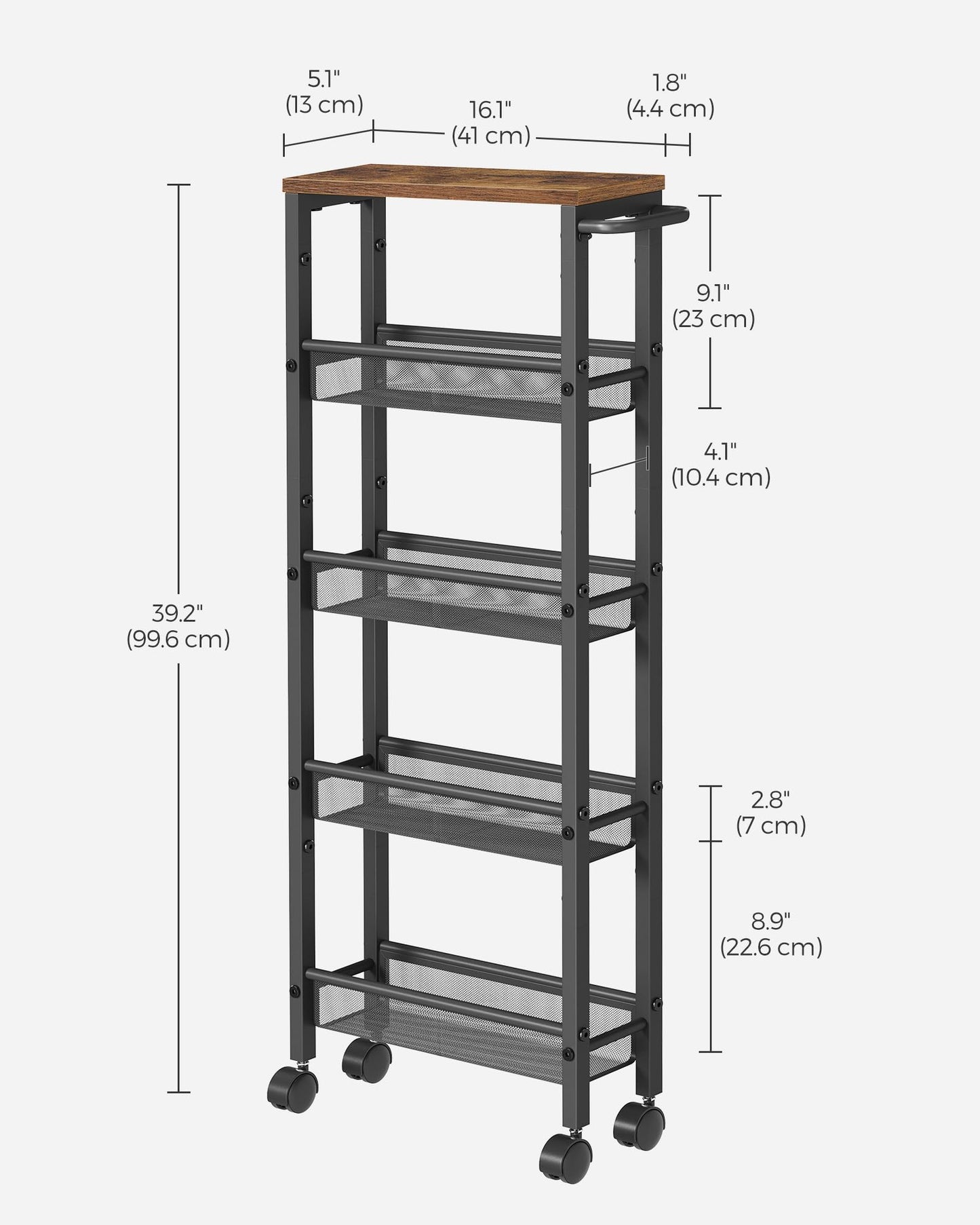 VASAGLE 5-Tier Slim Rolling Storage cart with Wheels, 5.1 Inches, Metal