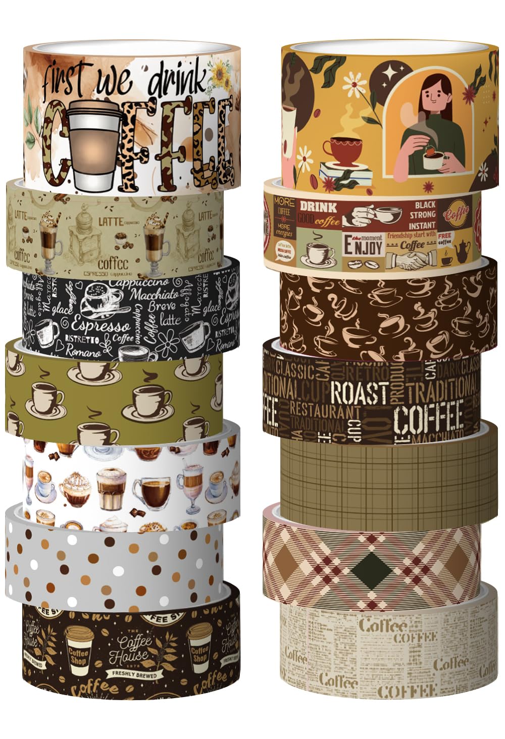 KOVANO Coffee Themed Washi Tape Set, 14 Rolls Vintage Crafts Tape, Art Decorative Tape for