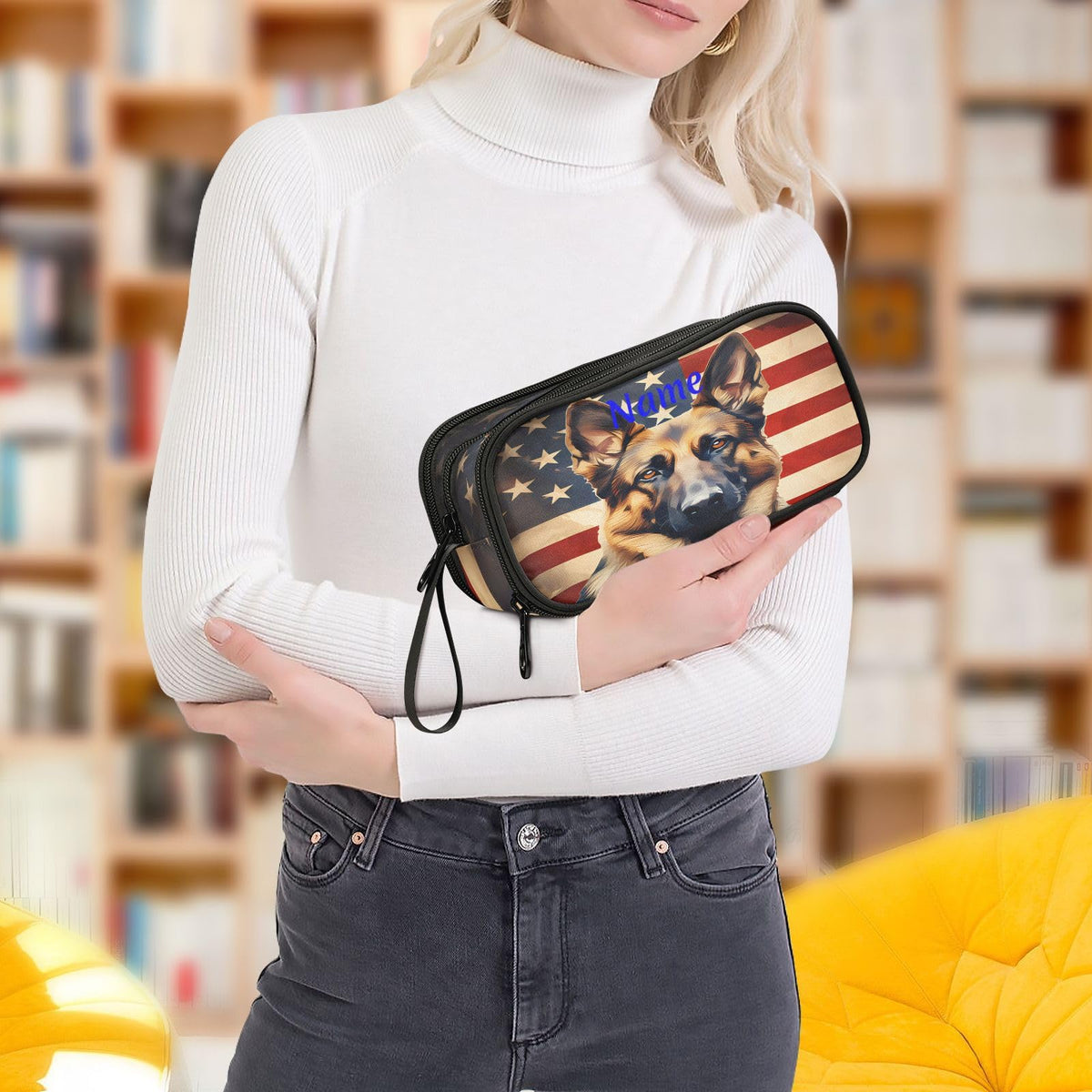 BOENLE Custom Dog German Shepherd Flag Pencil Case Box Boys Girls Personalized Name Large Pencil