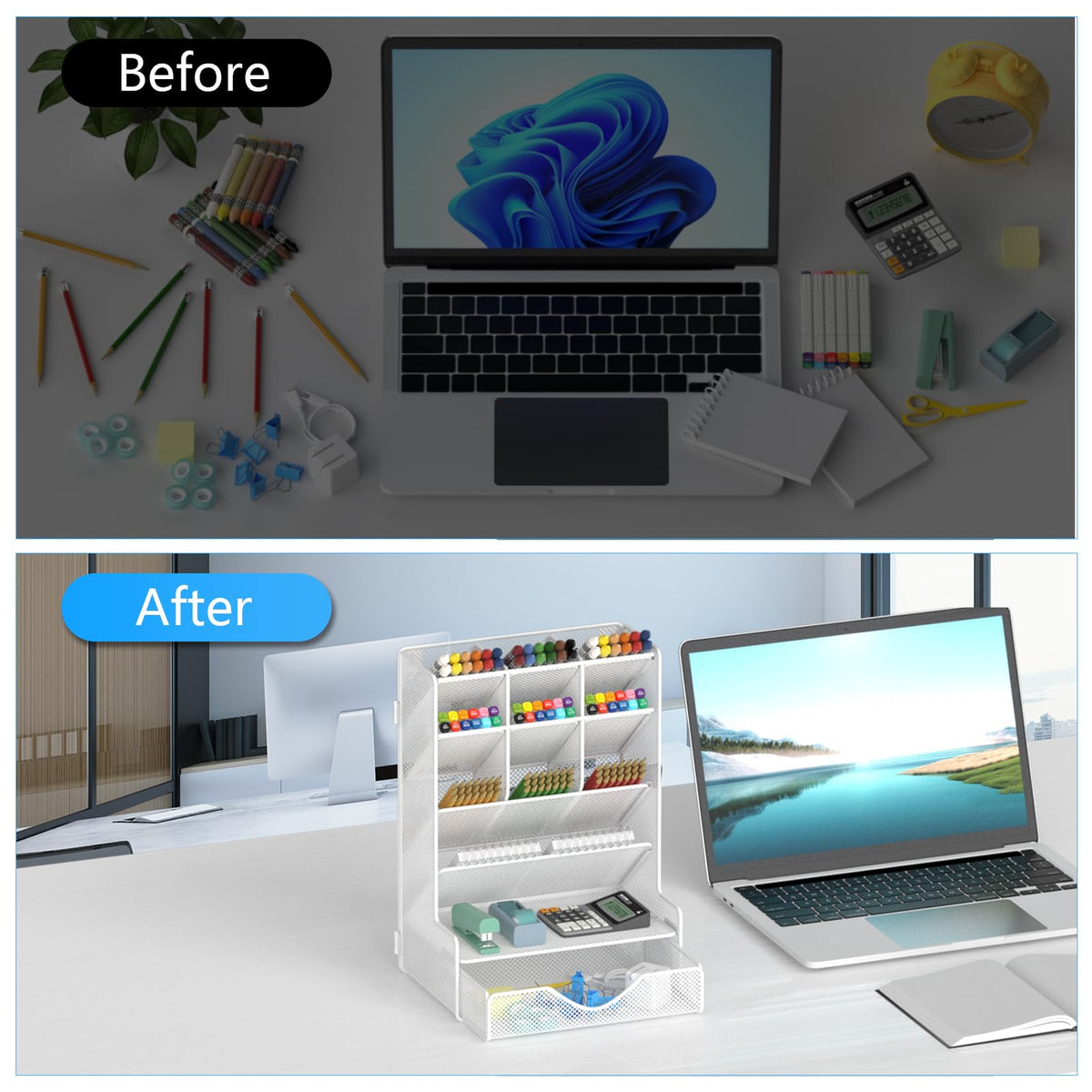 BOHDK Pen Organizer for Desk, Multi-Functional Desk Organizer, Wall Mount Pen Holder with Drawer