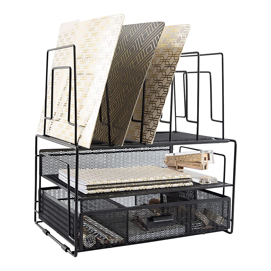 BLU MONACO | Black Wire Mesh Desk Organizer with Drawer | Desk Associates Women Office Set | File