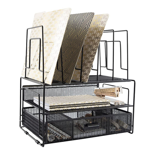 BLU MONACO | Black Wire Mesh Desk Organizer with Drawer | Desk Associates Women Office Set | File