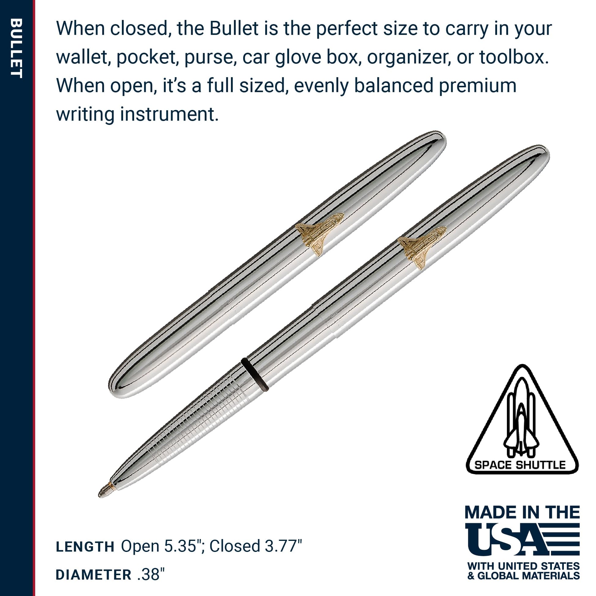 Fisher Space Pen Chrome Shuttle Emblem Pressurized Ballpoint Bullet Pen