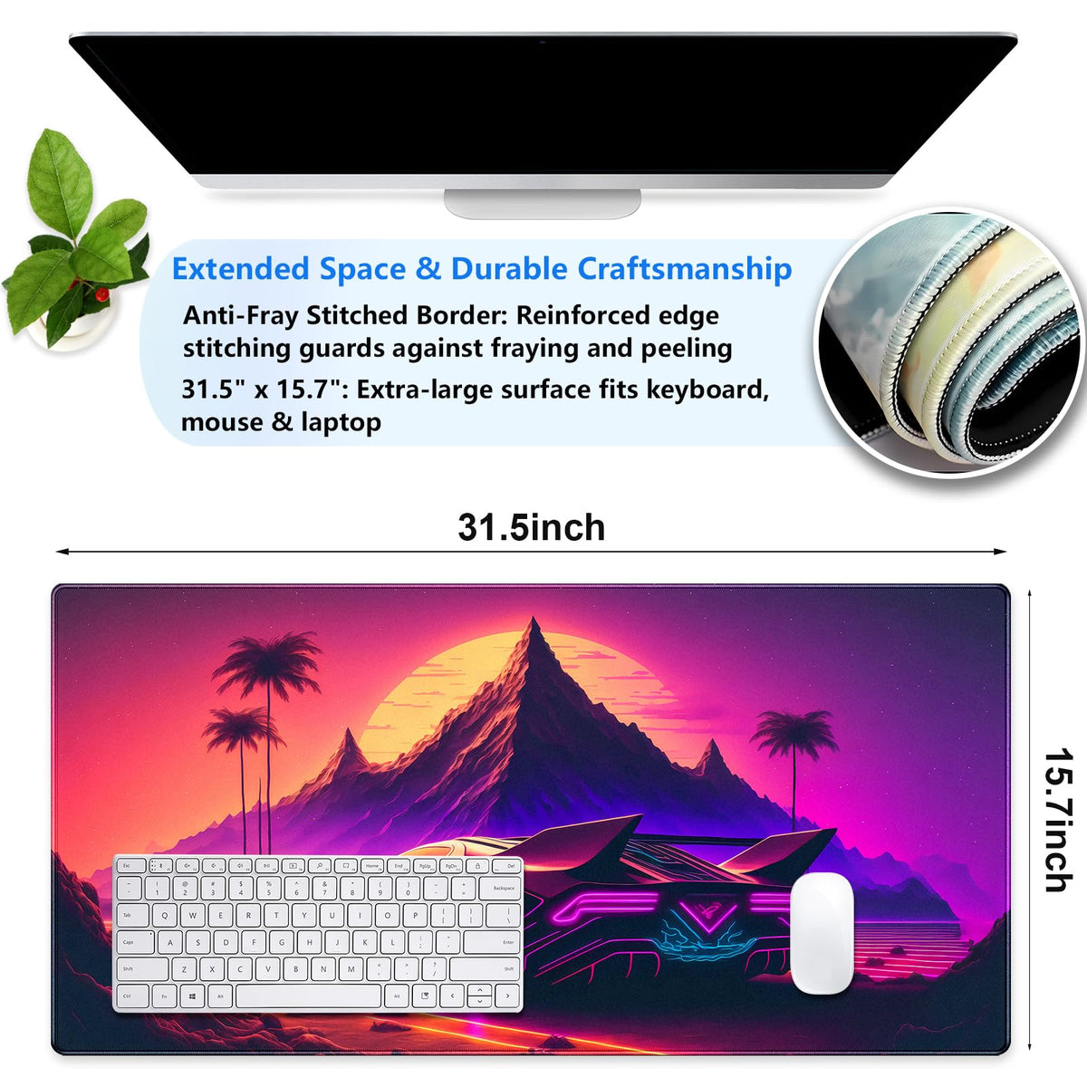 Synthwave Desk Mat, Retro Car XXL Large Gaming Mouse Pad 31.5x15.7 in