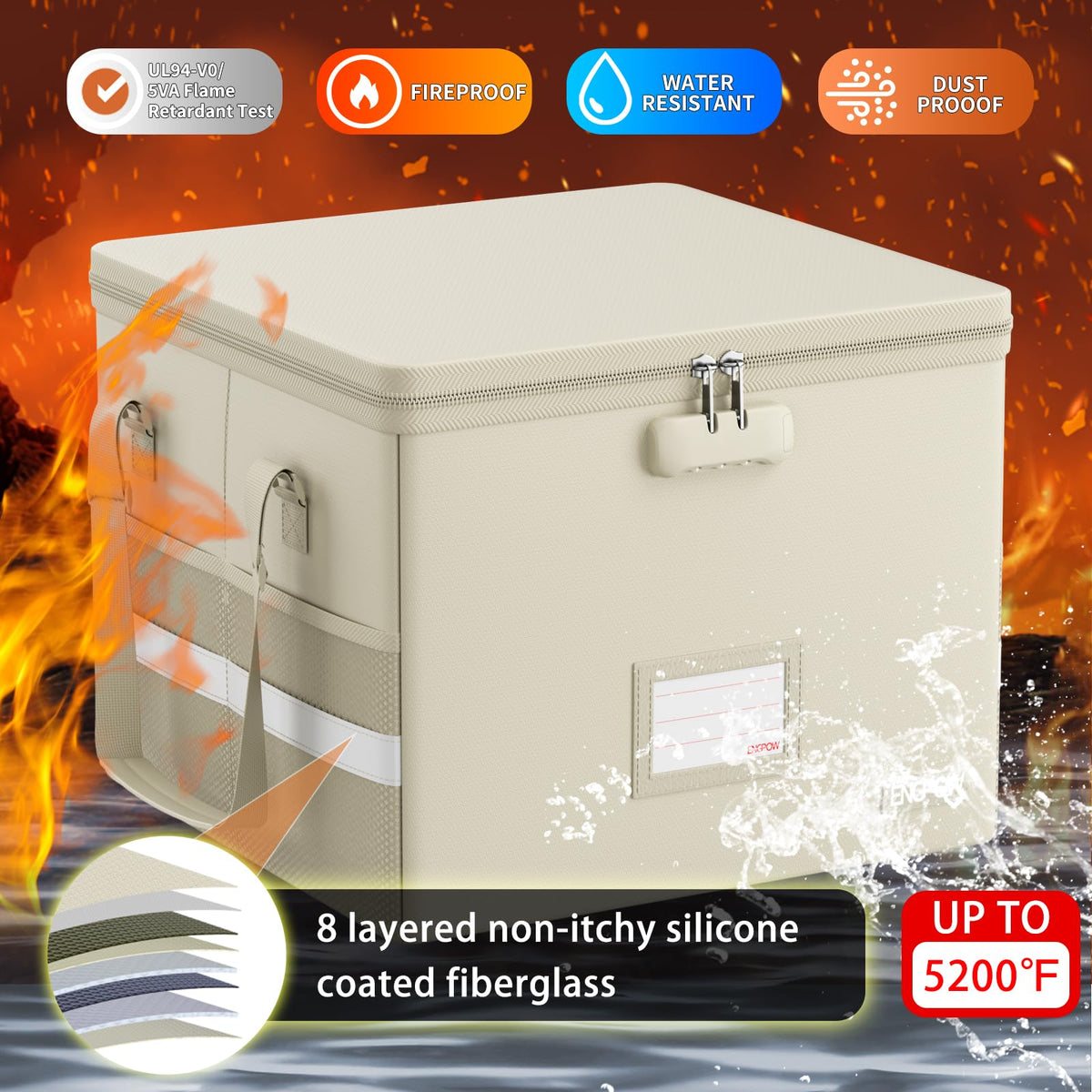 ENGPOW 5200°F File Box Fireproof Document Box with Lock,Heat Insulated Collapsible File Storage