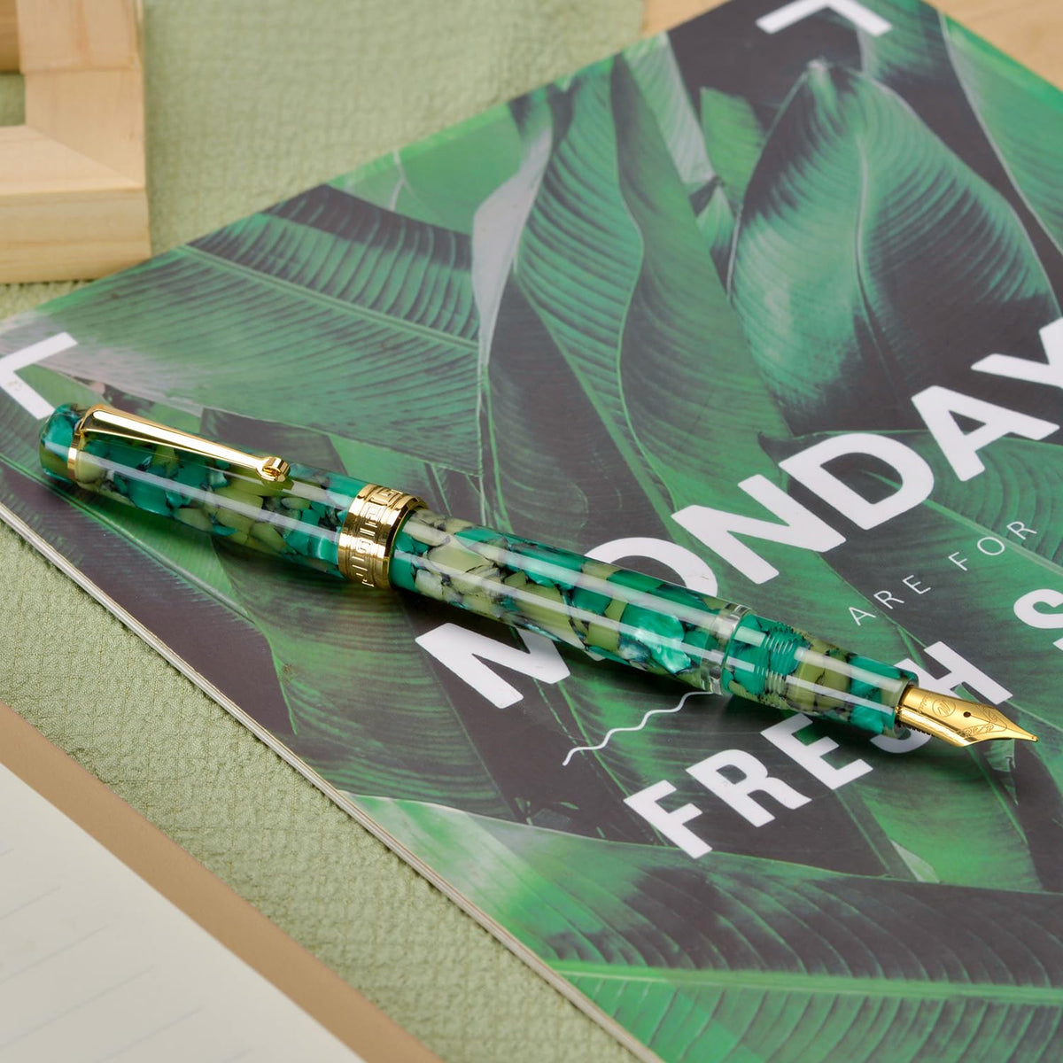 Asvine P20 Piston Fountain Pen Green Marble Acrylic, Medium Nib Gold Trim Smooth Writer Collection
