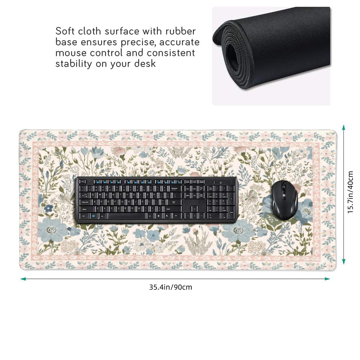 Aesthetic Pink Floral Desk Pad, XXL Large Mouse Pad for Desk with Anti-Slip & Stitched Edges