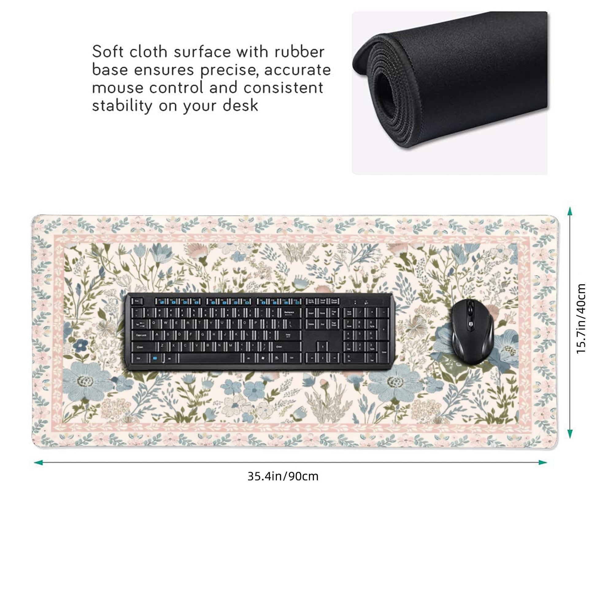 Aesthetic Pink Floral Desk Pad, XXL Large Mouse Pad for Desk with Anti-Slip & Stitched Edges
