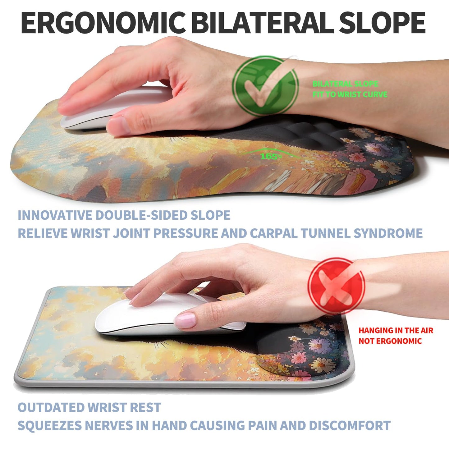 Gleamtide Ergonomic Raised Mouse Pad Wrist Support with Bilateral Slope Memory Foam Mousepad for