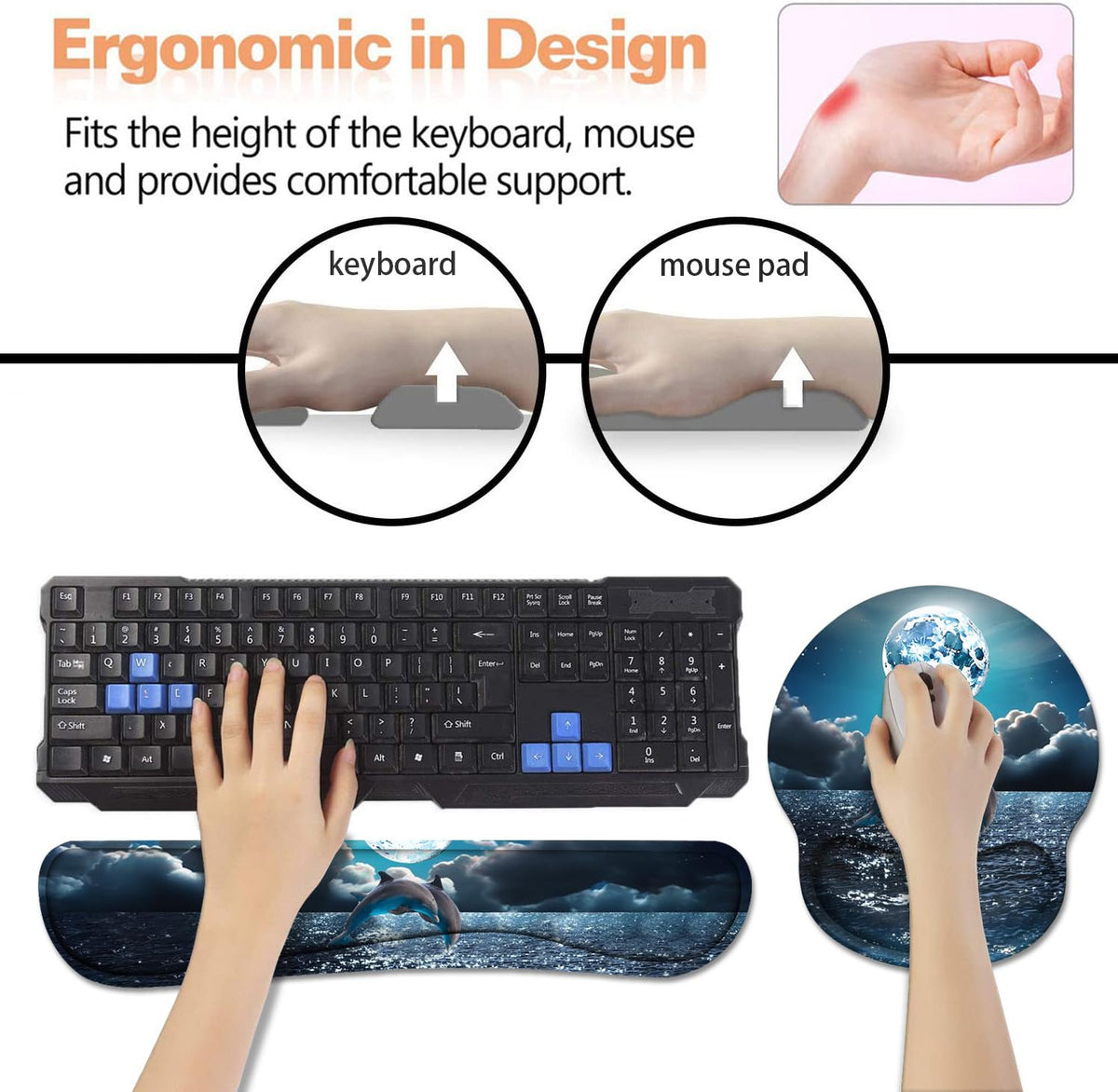 Keyboard Wrist Rest + Mouse Pad Wrist Support Set with Coasters, Non-Slip PU Base Ergonomic