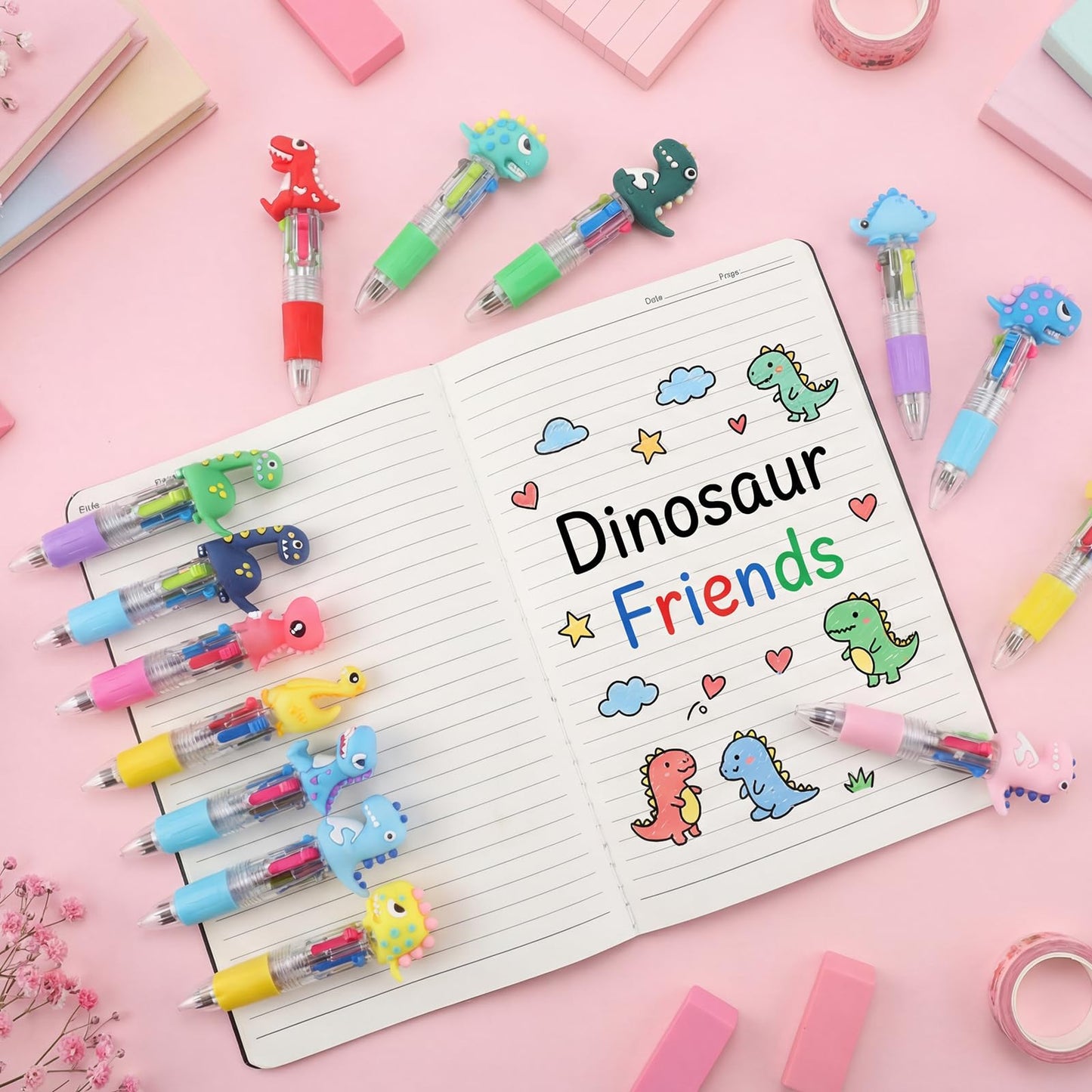 BESARME 48 Pcs Dinosaur Pens for Students, 4-in-1 Cute Pen Gifts
