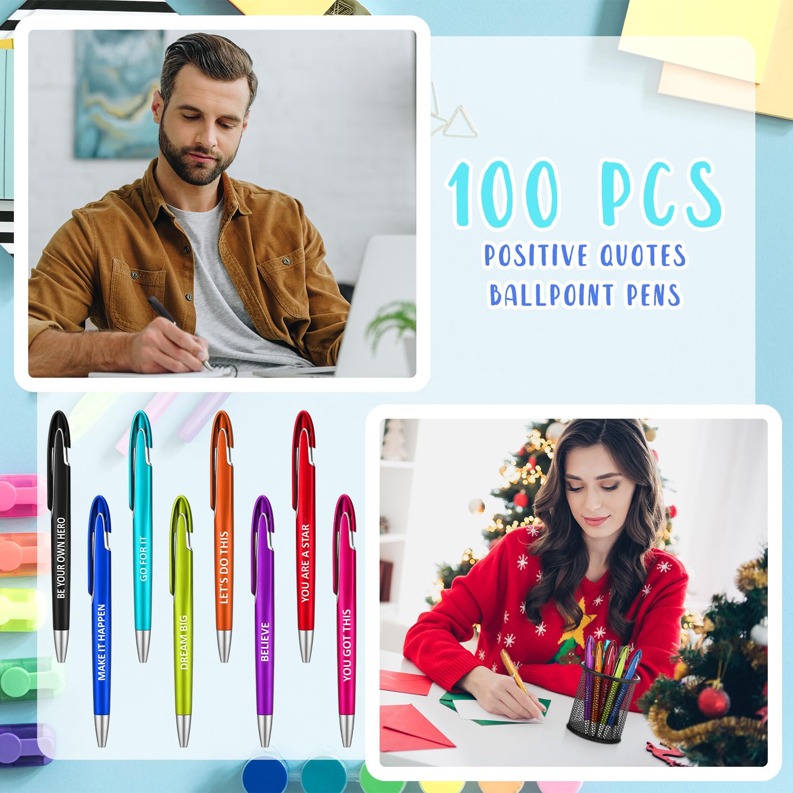 Lincia 100 Pcs Positive Theme Ballpoint Pens Bulk, Medium Point, Black Ink