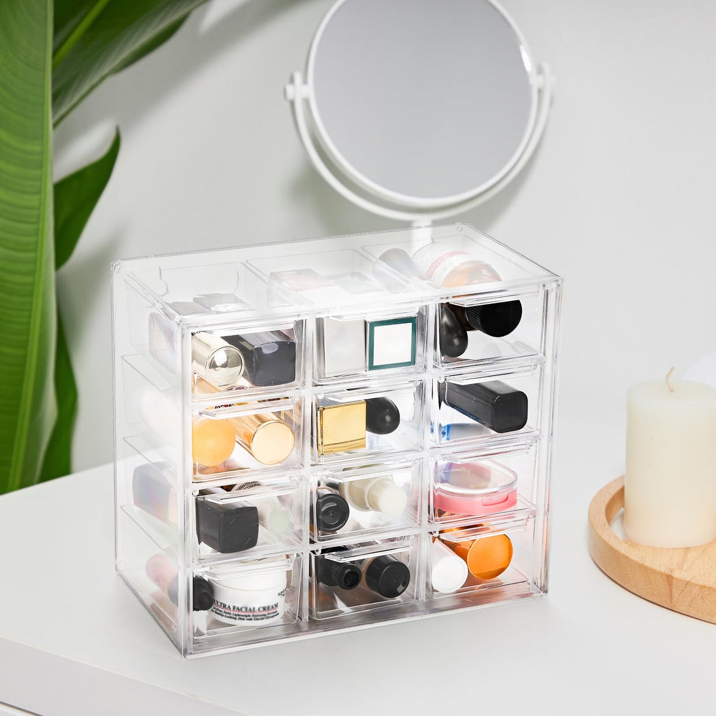 YOUEON 2 Pack Mini Desk Organizer with 12 Removable Drawers, Clear Plastic Desktop Drawer