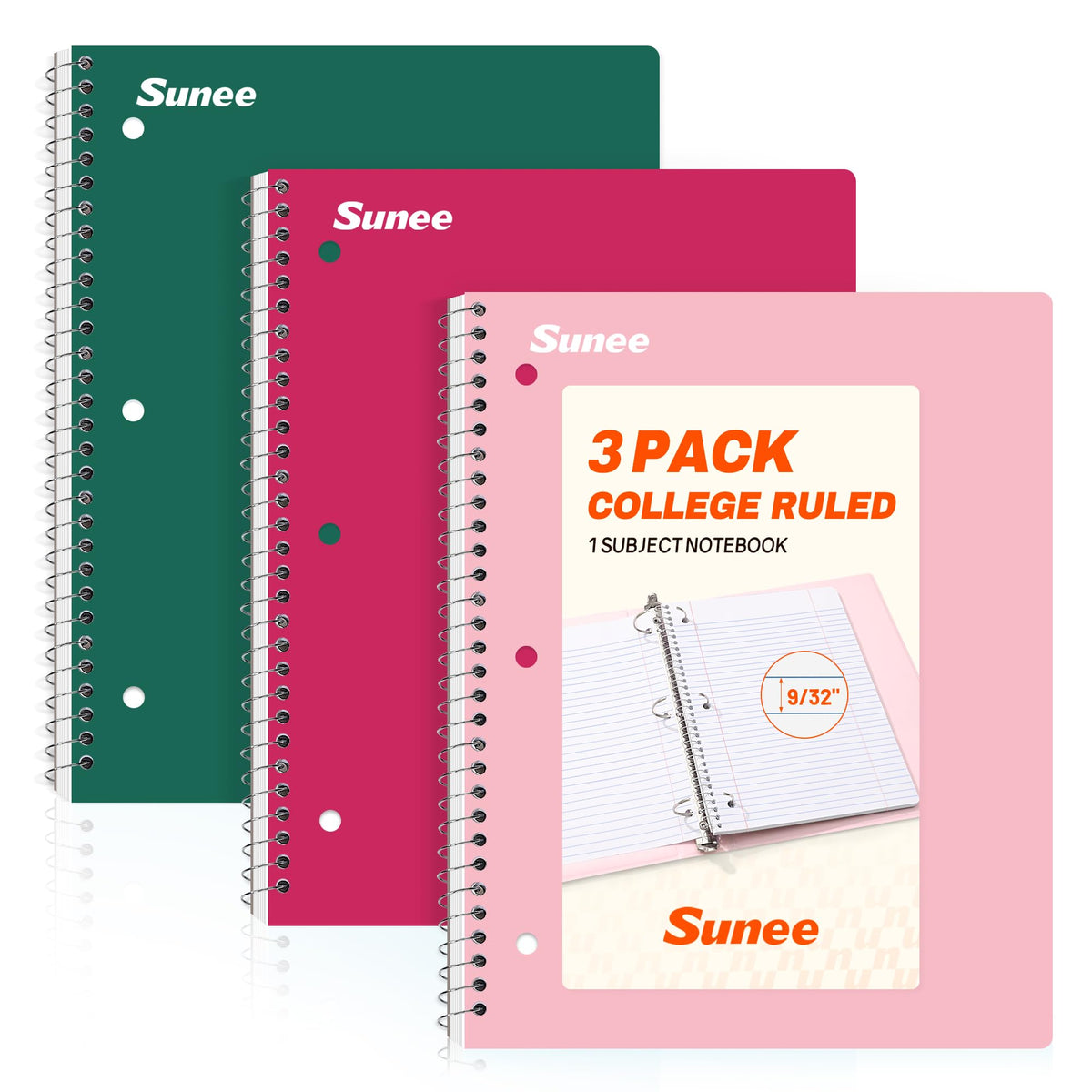 SUNEE Spiral Notebooks, 3 Pack, 1-Subject, College Ruled Paper, 8" x 10-1/2", 70 Sheets per