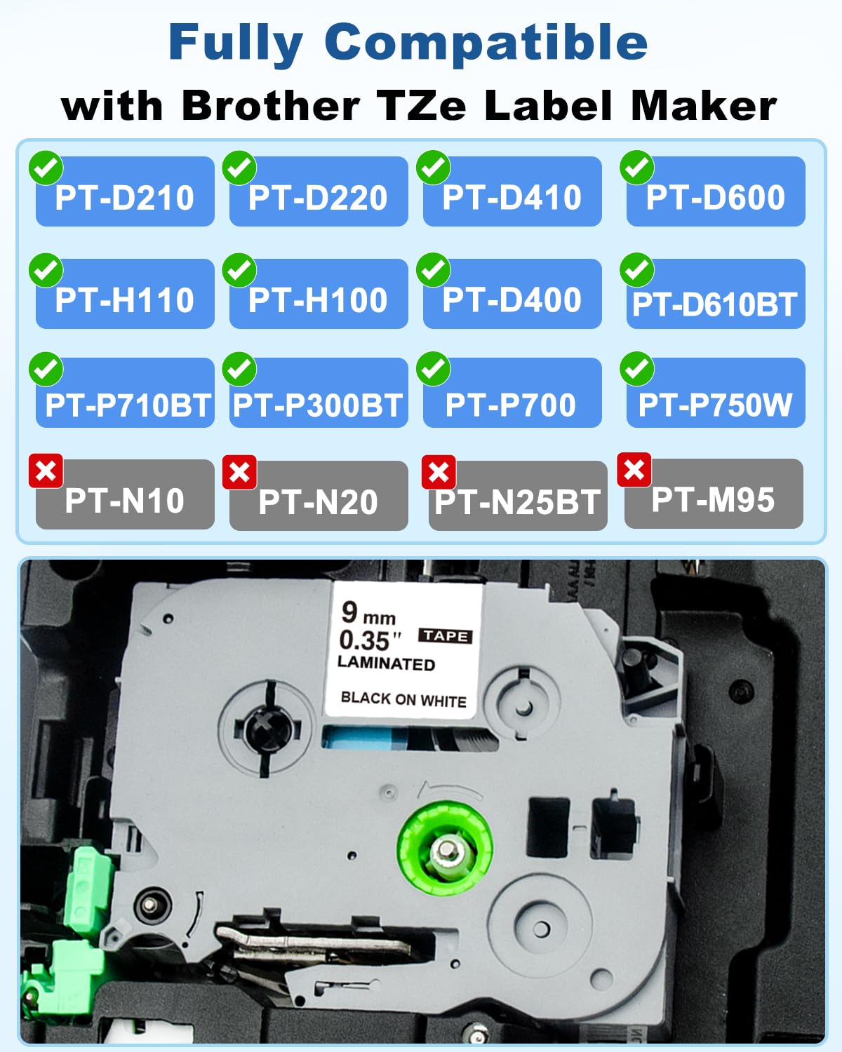 Replacement for Brother P Touch Label Maker Tape 9mm 0.35 Laminated White