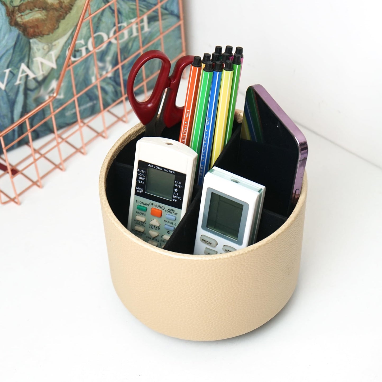 Hennaja Round Leather Art Supply Organizer,Remote Control Holder,360 Degree