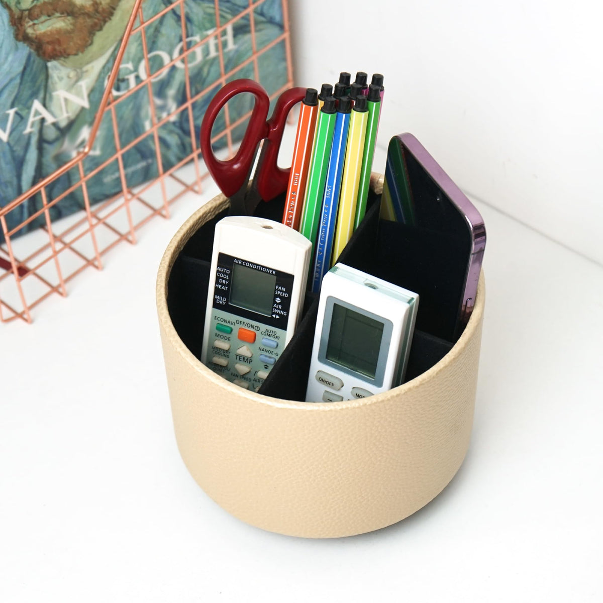 Hennaja Round Leather Art Supply Organizer,Remote Control Holder,360 Degree